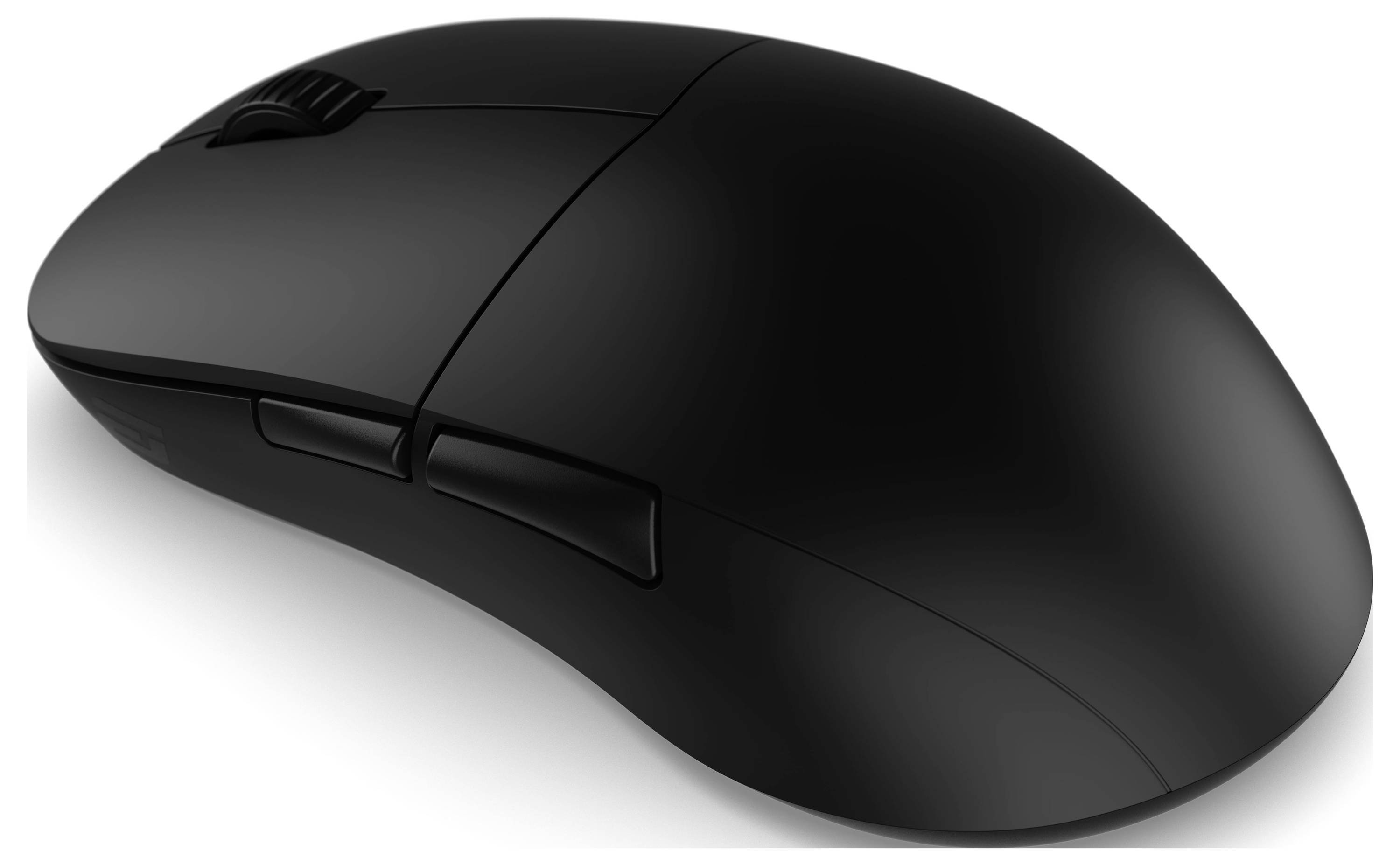 Een zwarte ergonomische computermuis met twee zijknoppen en een scrollwiel, ontworpen voor comfortabele bediening en nauwkeurige controle.