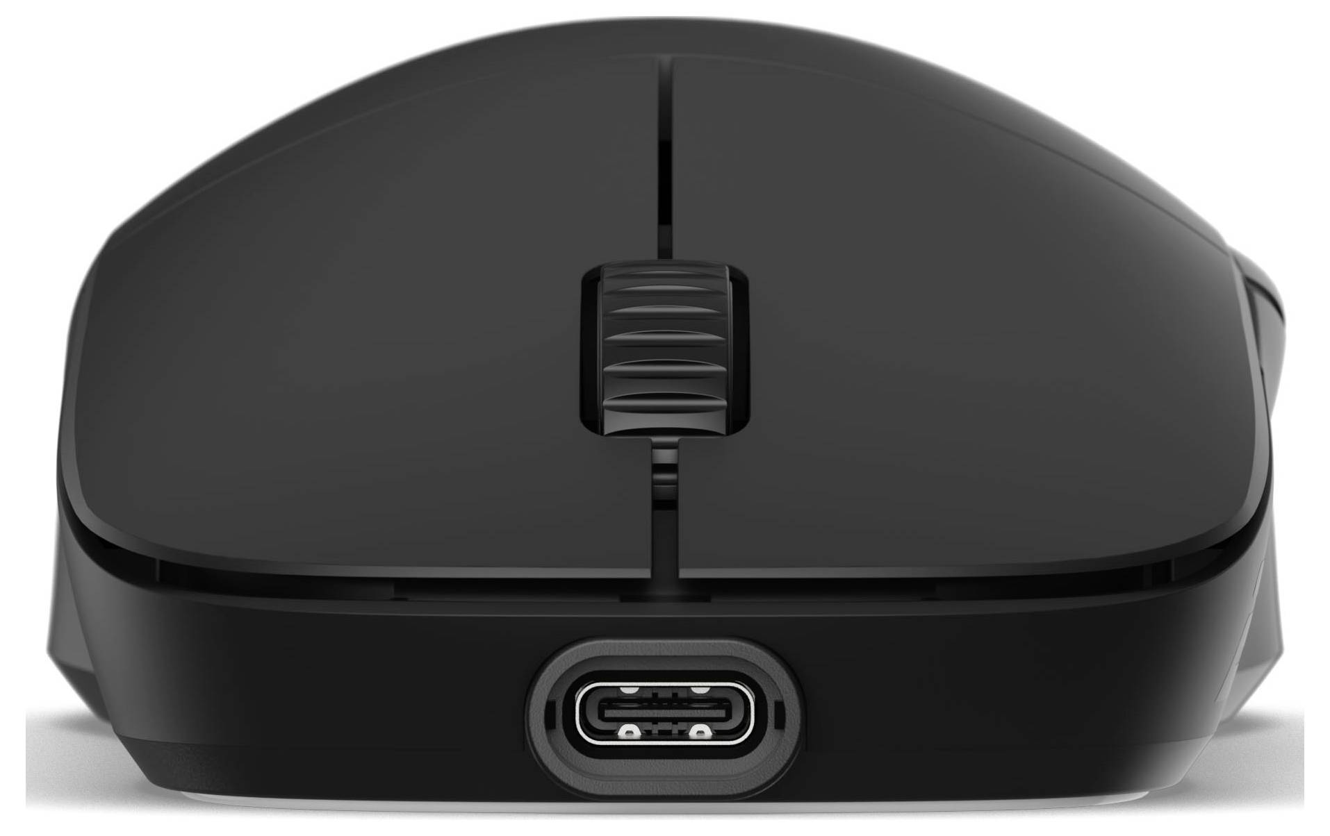 Een zwarte draadloze computermuis, van voren bekeken, met een scrollwiel en een USB-C-oplaadpoort aan de onderkant.