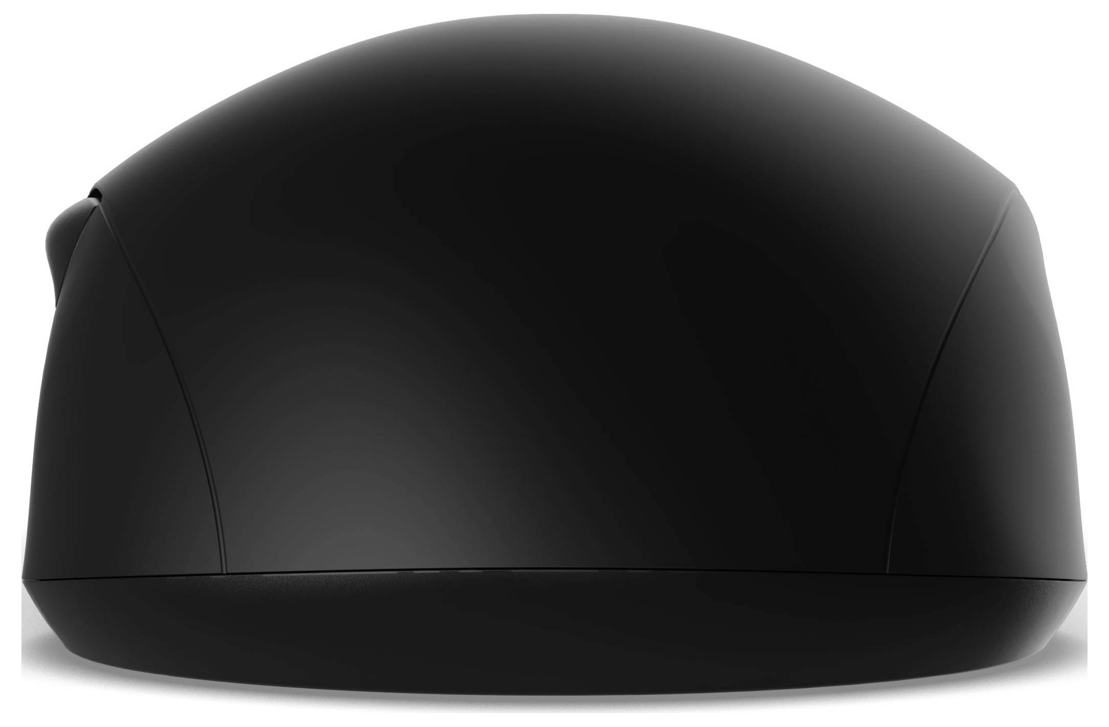 Een glanzende, zwarte computermuis van voren, met zijn gladde, gebogen ontwerp.