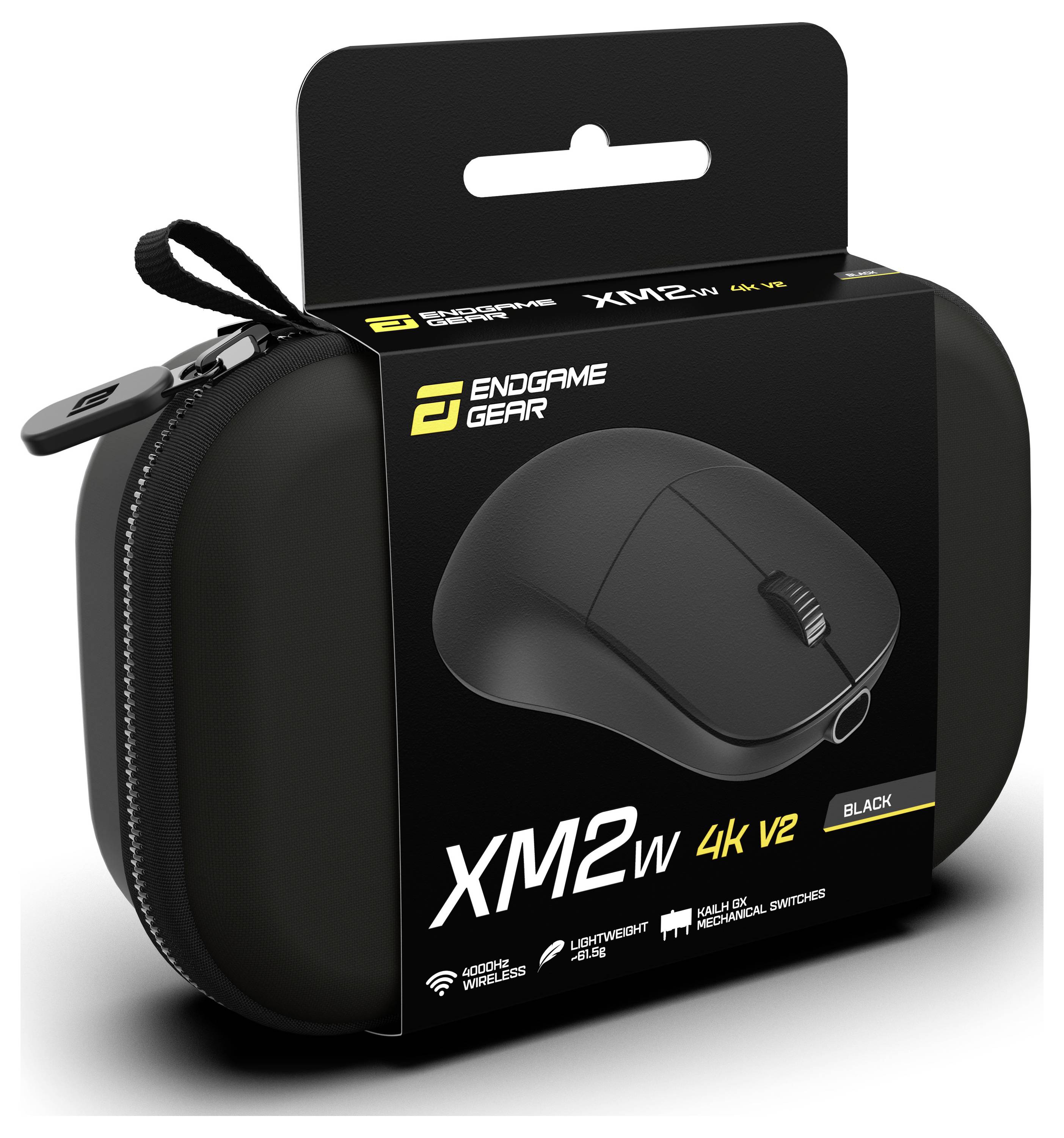 'Endgame Gear XM2w 4K V2' draadloze gaminmuis in zwart, weergegeven op verpakking met draagtas. Kenmerken licht, hoogwaardig ontwerp.