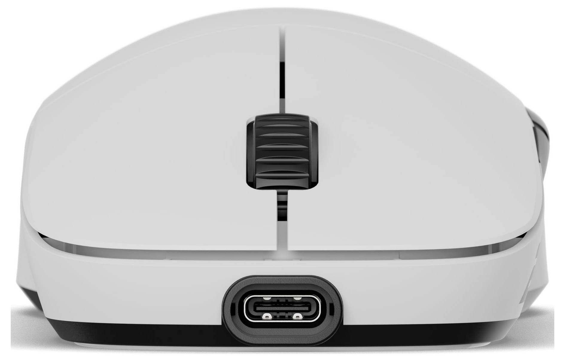 Een witte draadloze computermuis van voren gezien, met een prominent scrollwiel en een USB-C oplaadpoort aan de onderkant.