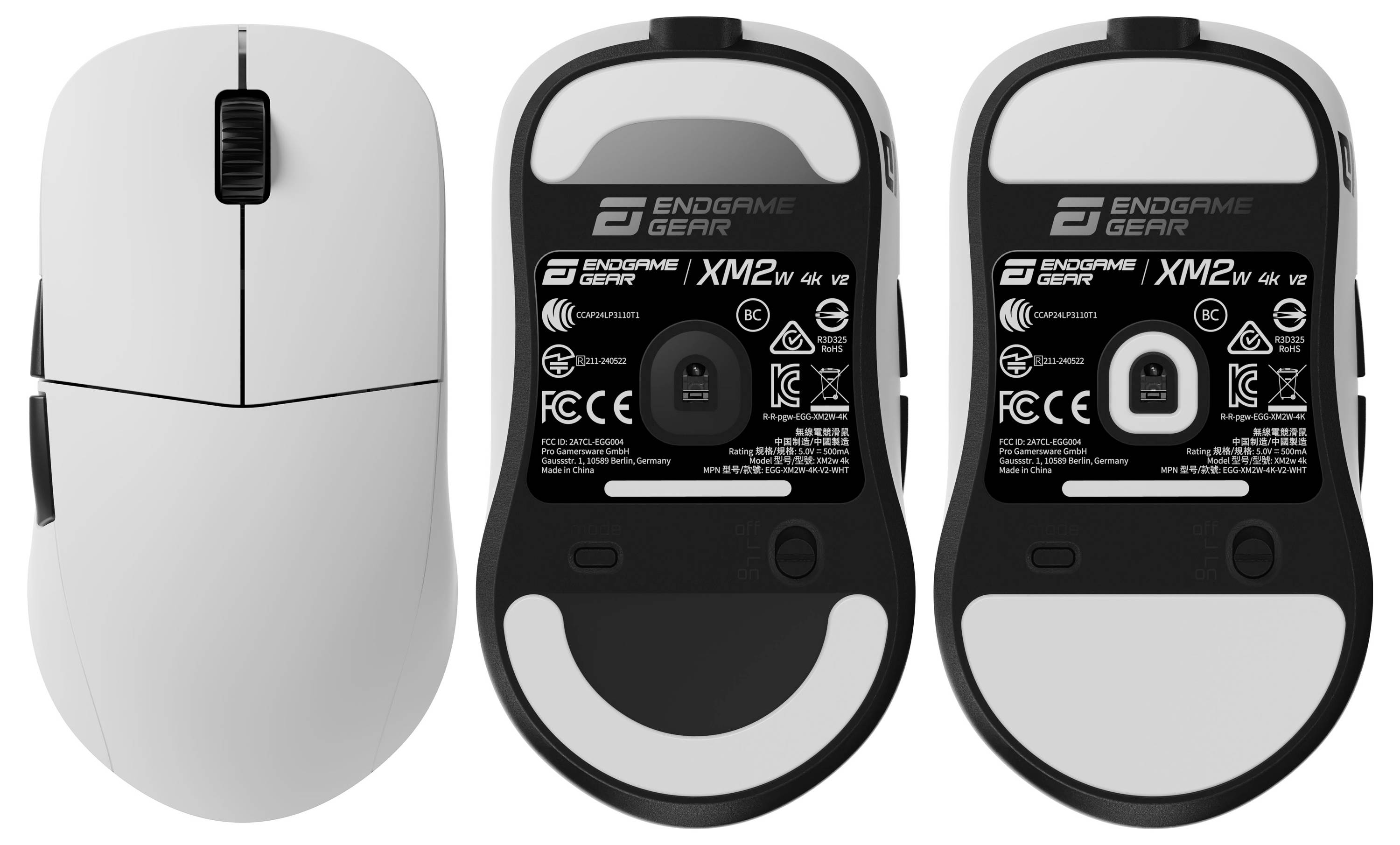Een witte gamingmuis wordt van boven en onder weergegeven, met nadruk op het merk 'Endgame Gear', model 'XM2w' en sensorspecificaties.