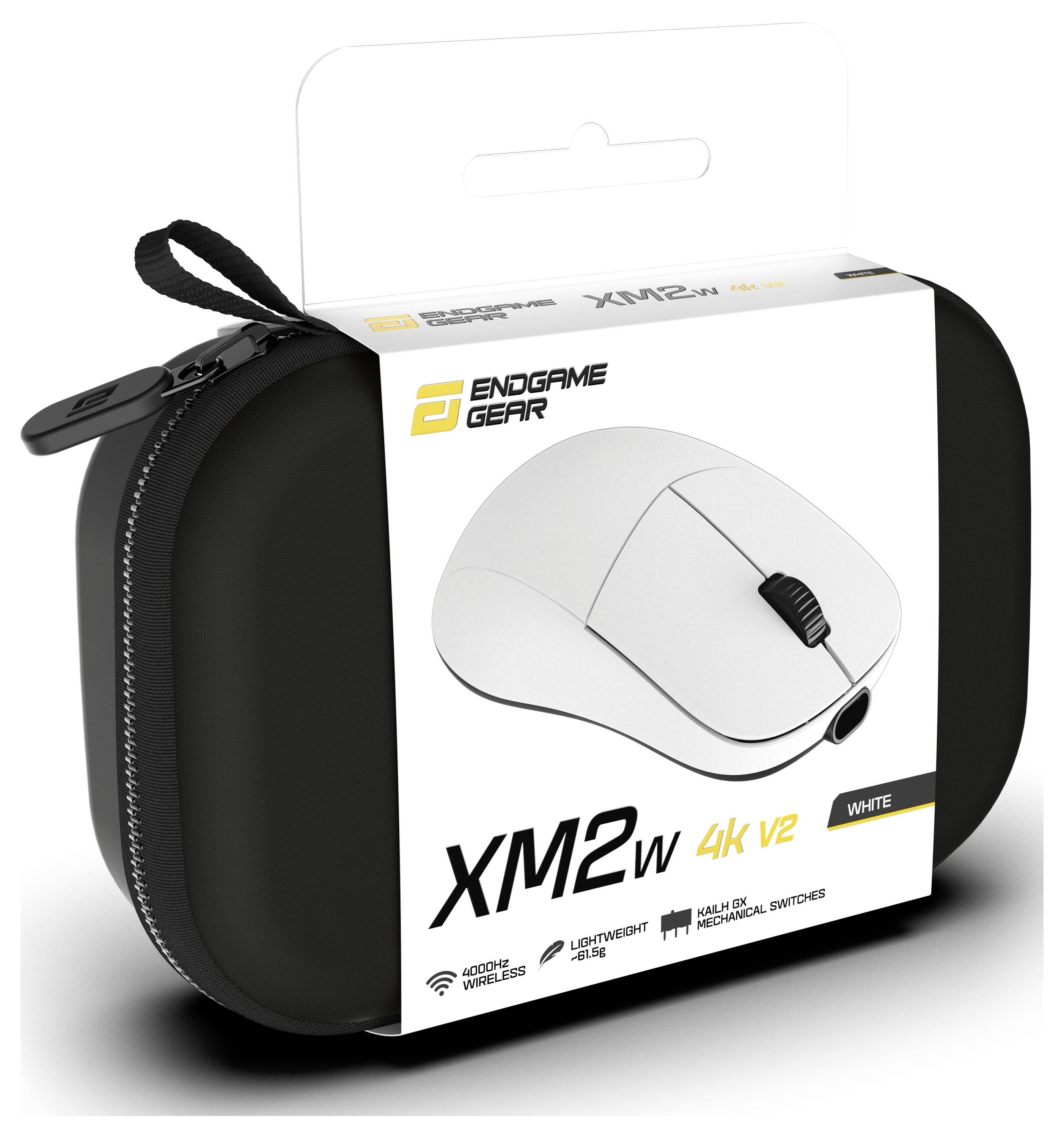 'Endgame Gear XM2w 4K V2' verpakking met een draadloze gaminmuis in wit, die nadruk legt op hoge precisie en snelle reactie.