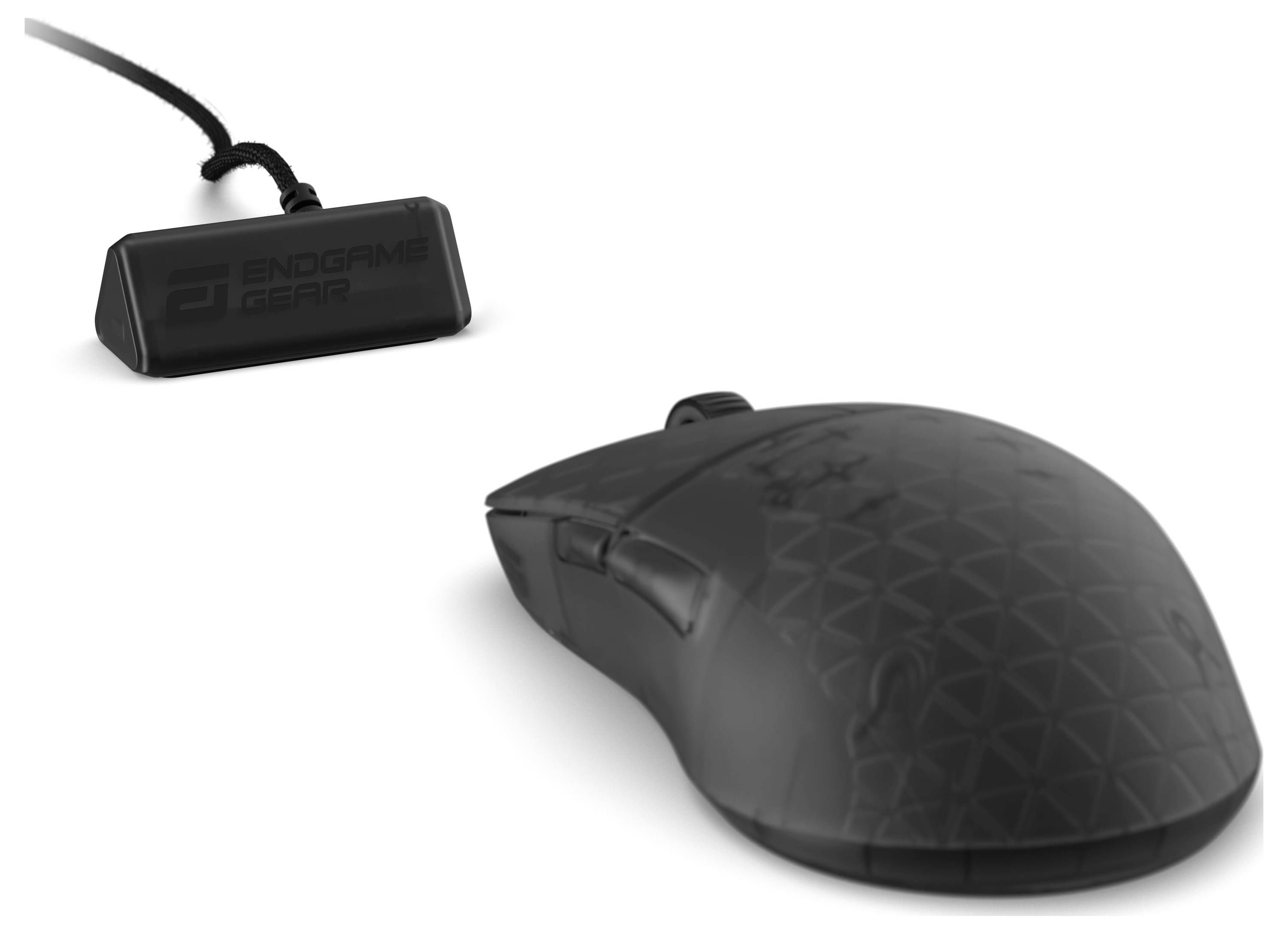 'Gaminmuis met een zwart geometrisch patroon en een bijpassende USB-kabelhouder, beide op een witte achtergrond.'
