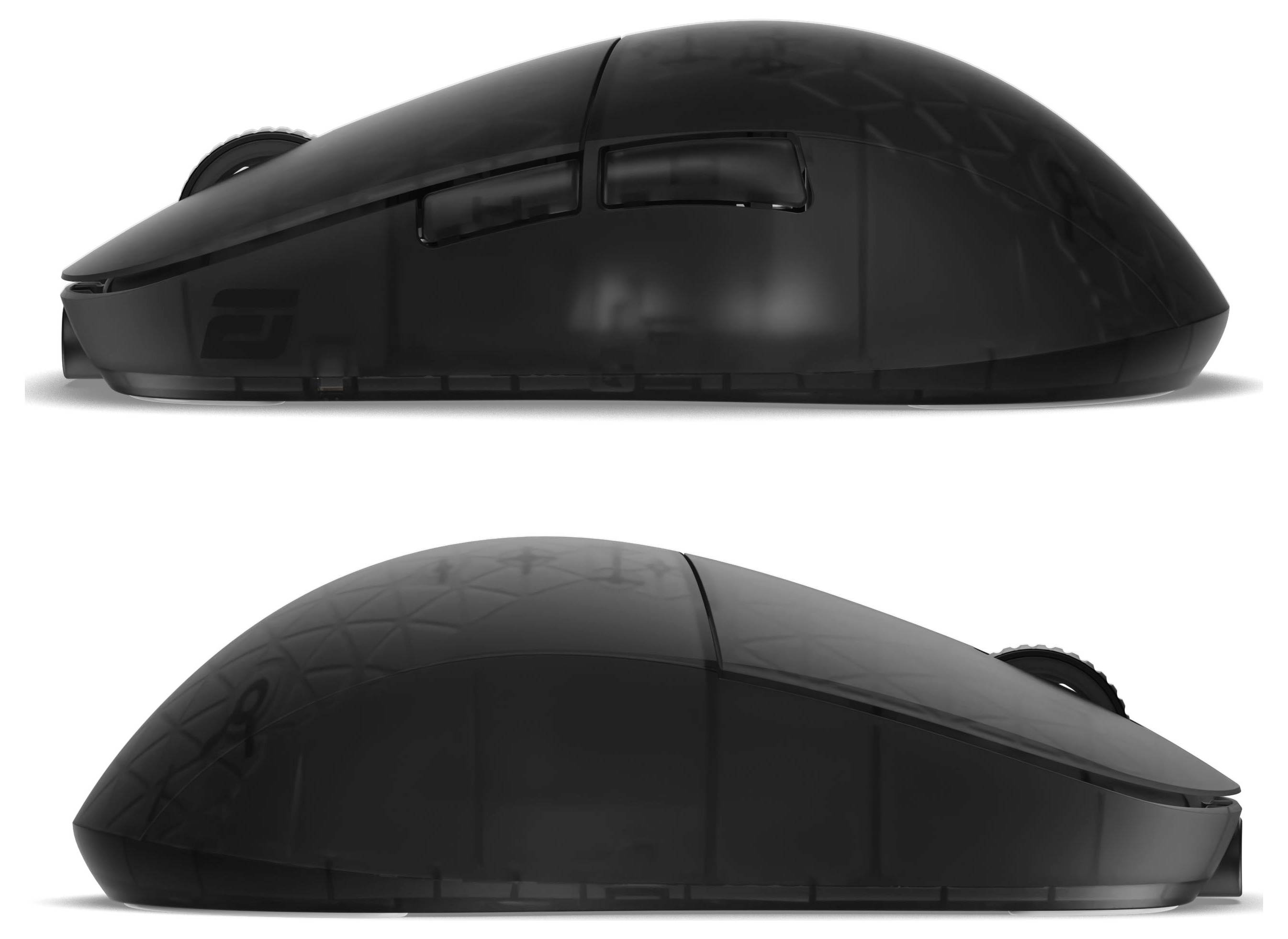 Zijkant van een zwarte computermuis met het ergonomische ontwerp, prominente knoppen en een gestructureerd oppervlak voor betere grip.