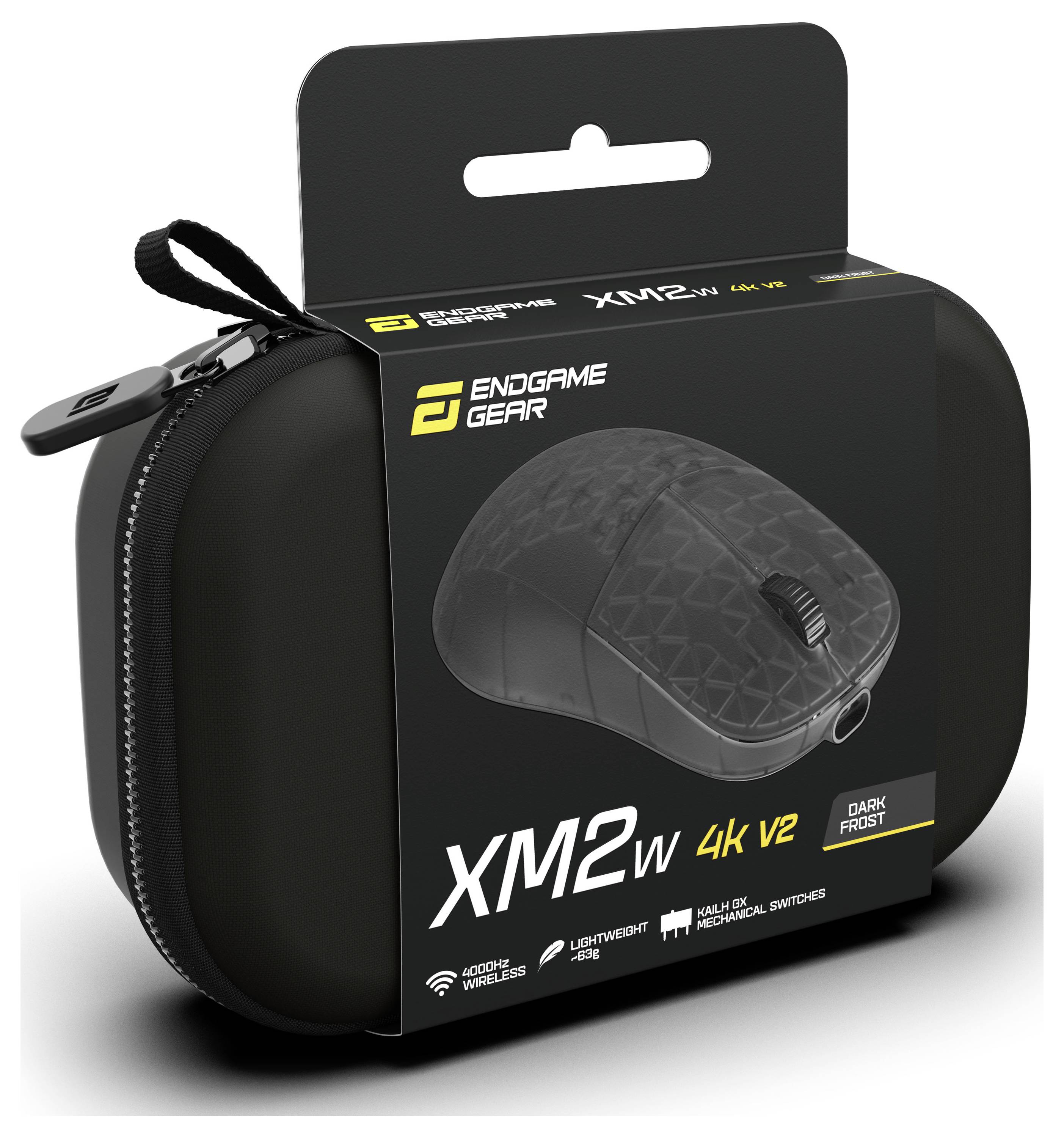 Verpakking van Endgame Gear's XM2w 4K V2 draadloze gaming muis met een dark frost design; functies omvatten 4K polling rate en lichtgewicht constructie.