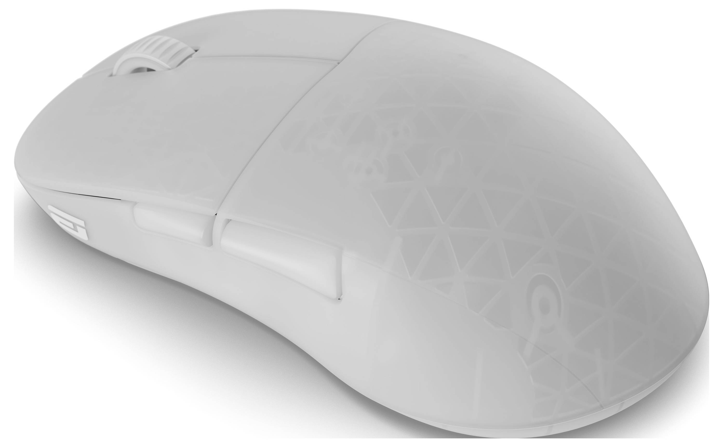 Een witte computermuis met een geometrisch patroon op het oppervlak, met een scrollwiel en zijknoppen zichtbaar.