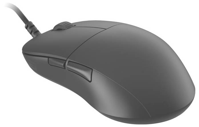 Een zwarte bedrade computermuis met een scrollwiel en twee knoppen, gezien vanaf de zijkant.