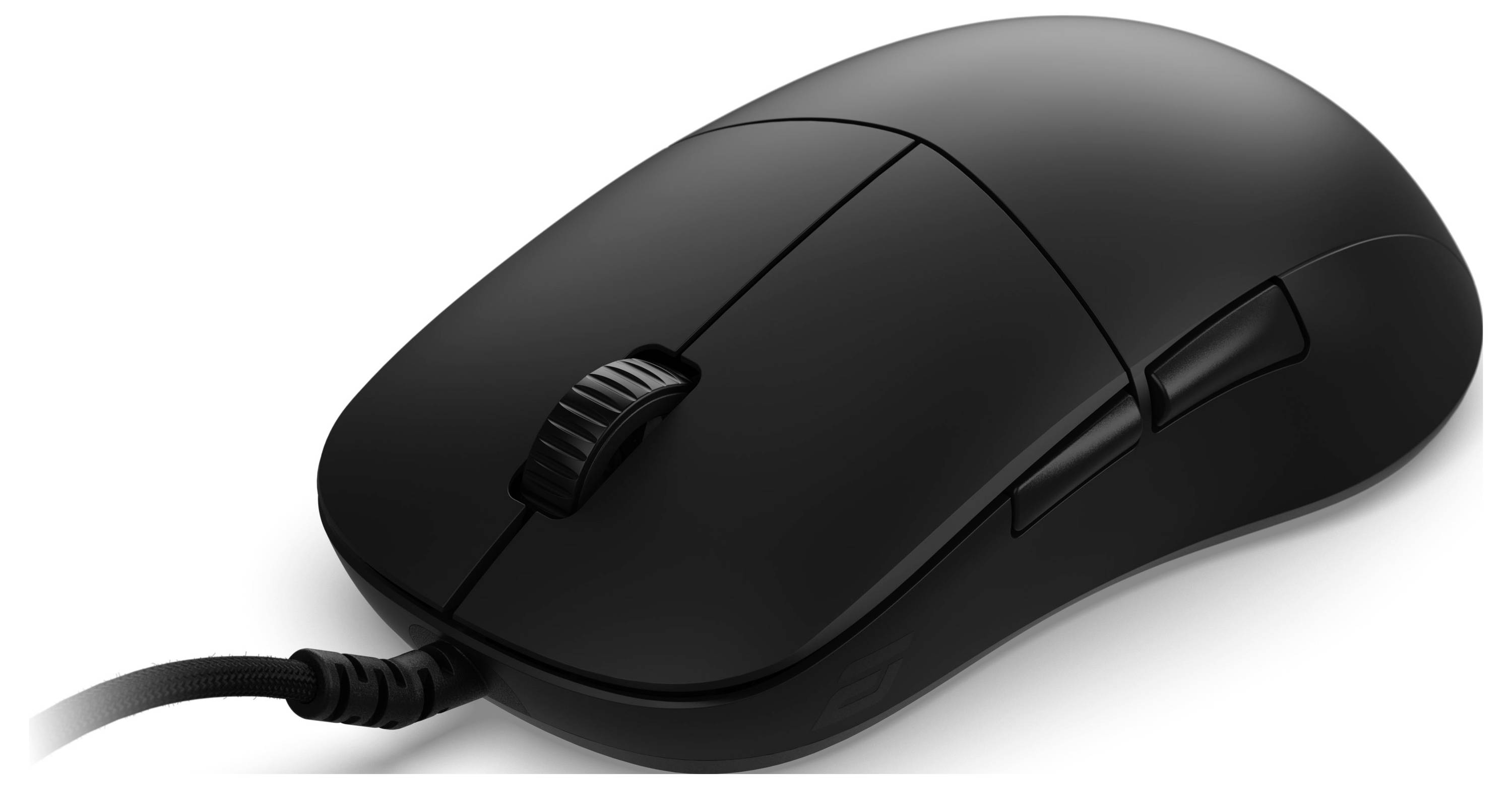 Een zwarte computermuis met een scrollwiel en twee knoppen aan de bovenkant, verbonden door een snoer.