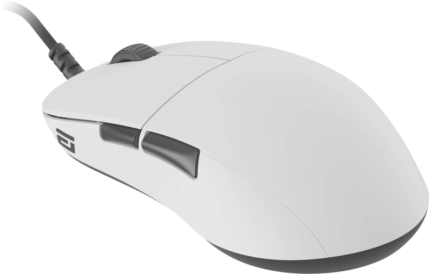 Een slanke, witte computermuis met een scrollwiel en zijknoppen, aangesloten via een kabel, ontworpen voor ergonomisch handcomfort en precisie.