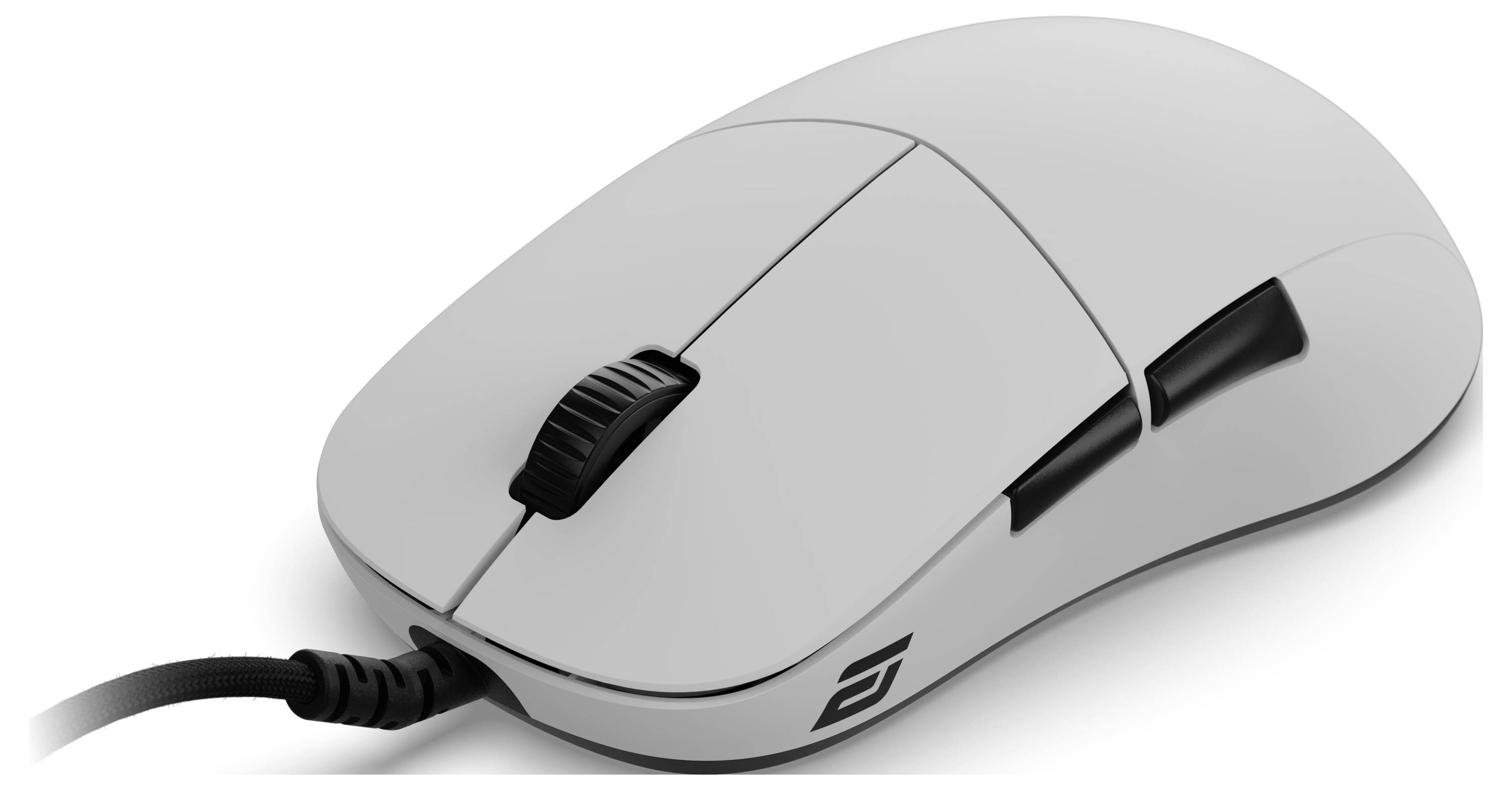 Een strakke grijze bedrade computermuis met twee knoppen en een scrollwiel, voorzien van een stijlvol logo aan de zijkant.