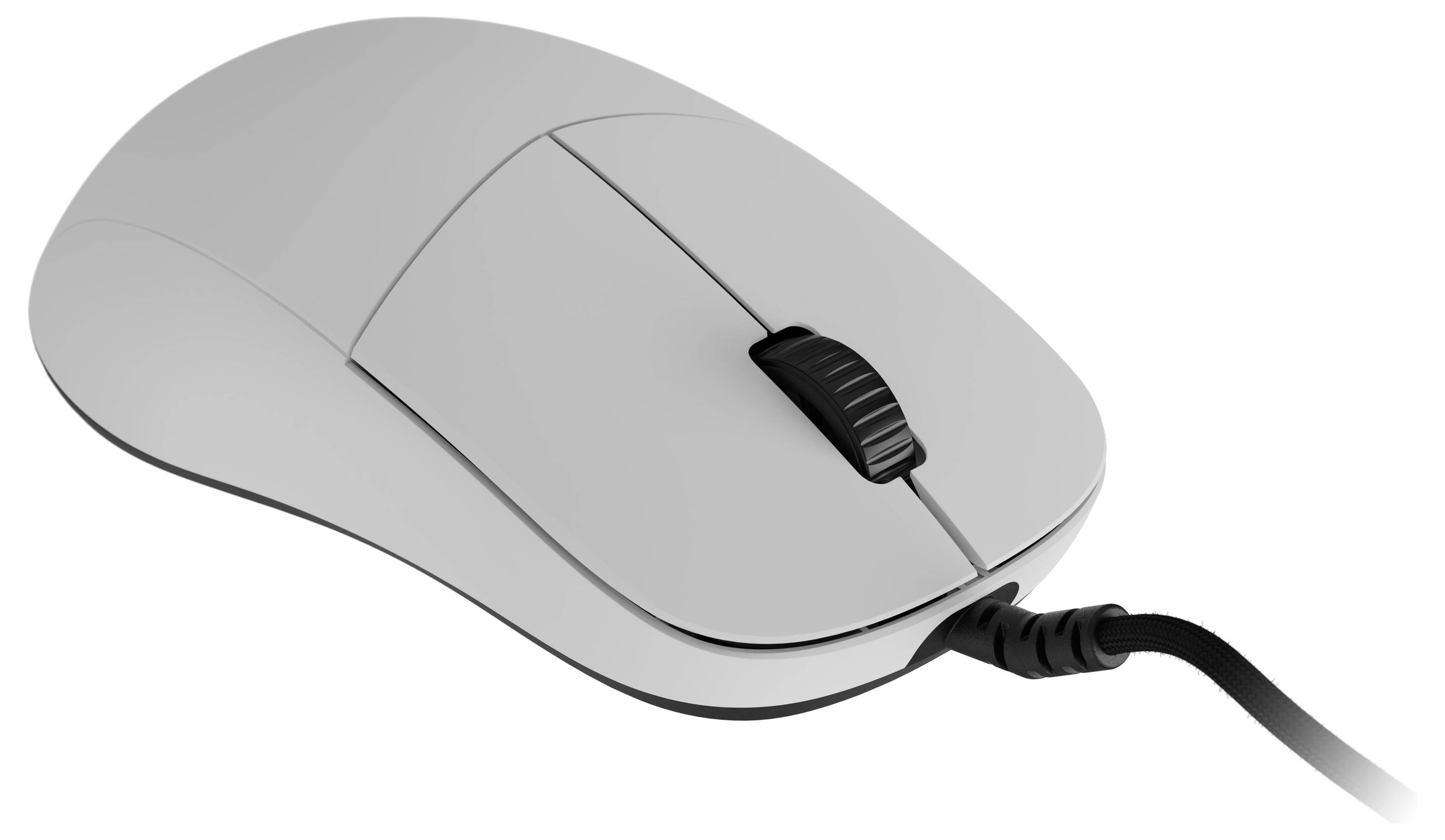 Een bedrade computermuis met een scrollwiel en twee knoppen, onder een hoek gefotografeerd om de kabelaansluiting te tonen, op een witte achtergrond.