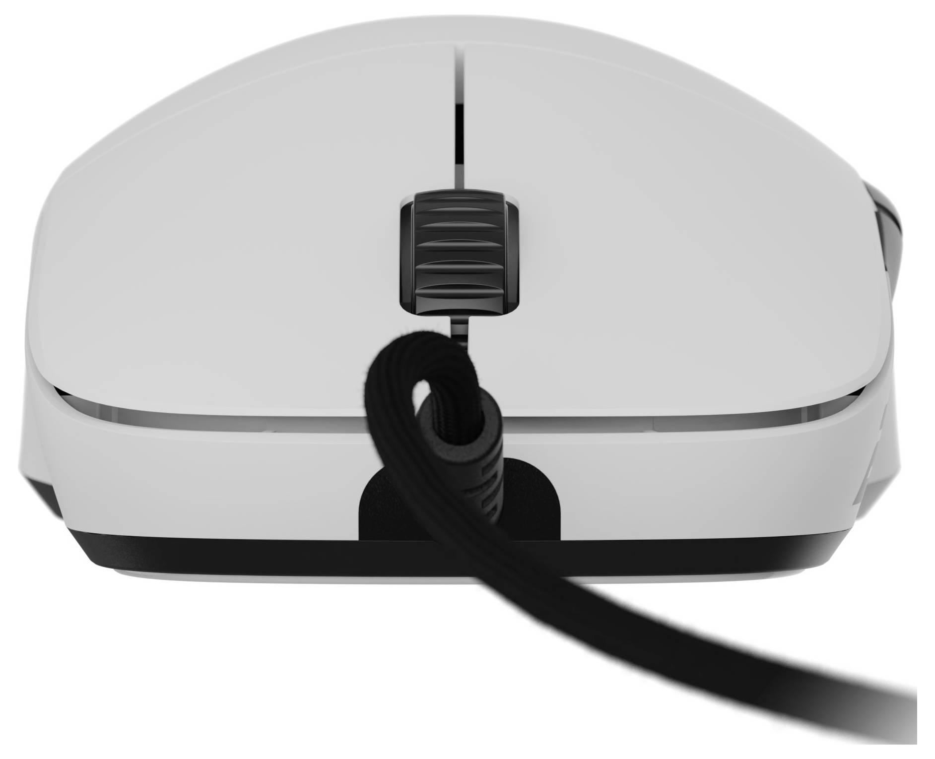 Een witte computermuis met een zwart scrollwiel en snoer, vooraanzicht, op een witte achtergrond.