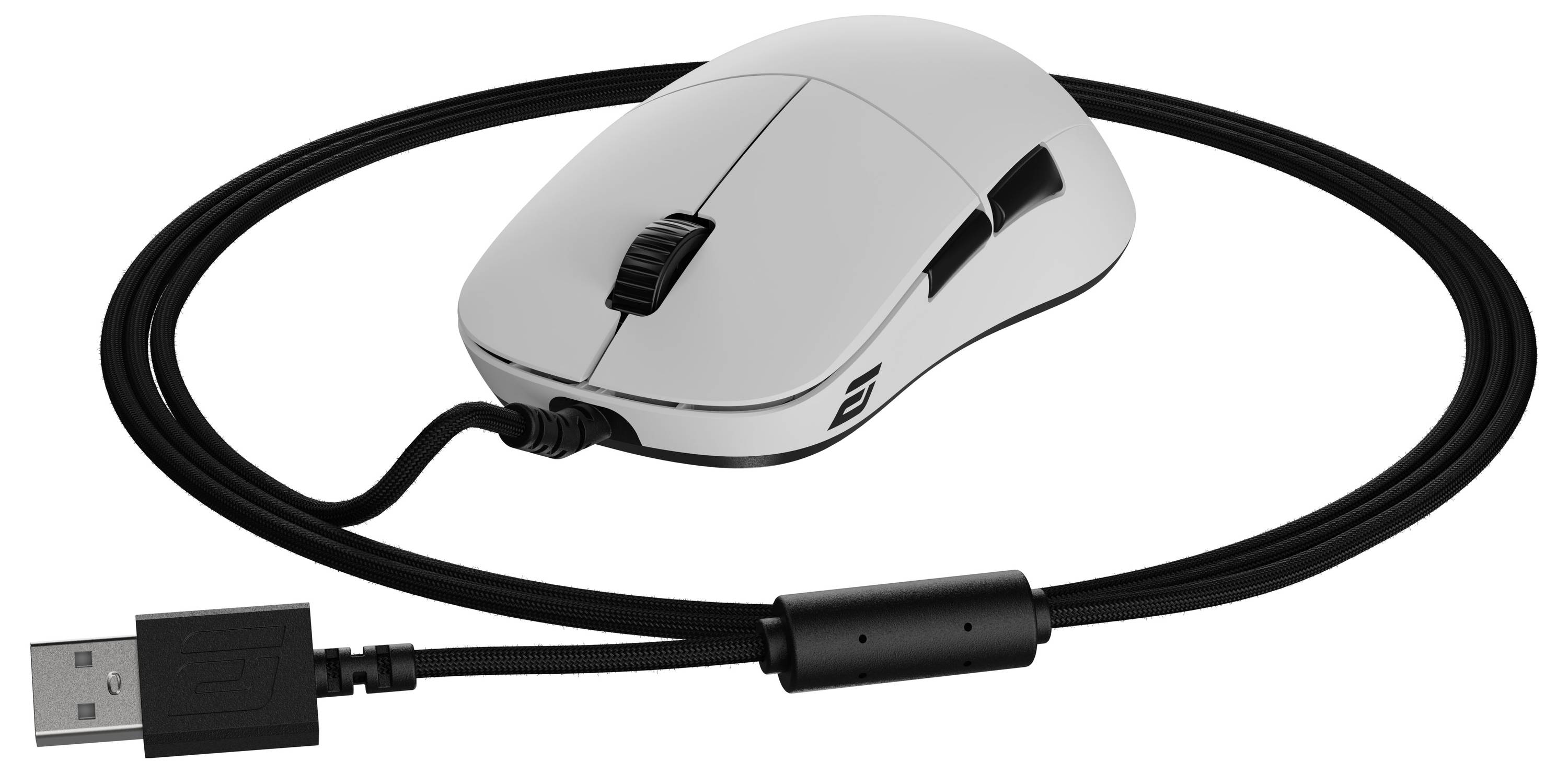 Een bedrade computermuis met een strak, ergonomisch ontwerp en een USB-aansluiting, geschikt voor desktop of laptop gebruik.