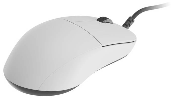 Een witte computermuis met twee zwarte knoppen aan de bovenkant, gezien vanuit de zijkant. De muis heeft een moderne, strakke vormgeving.