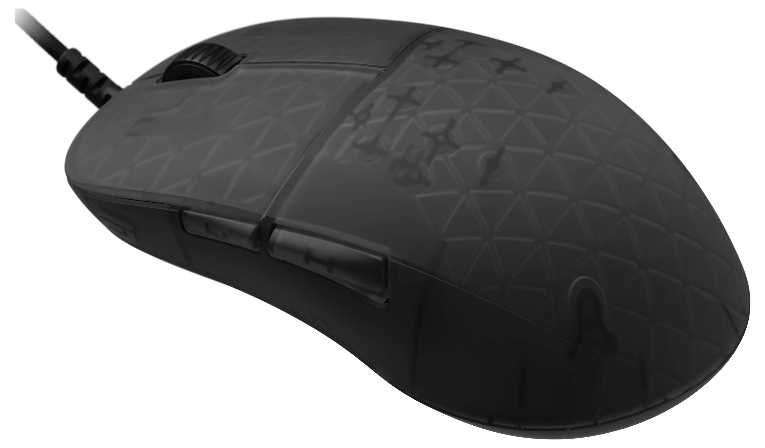 Een zwarte computer muis met een gestructureerd patroon, voorzien van een scrollwiel en twee zijknoppen.