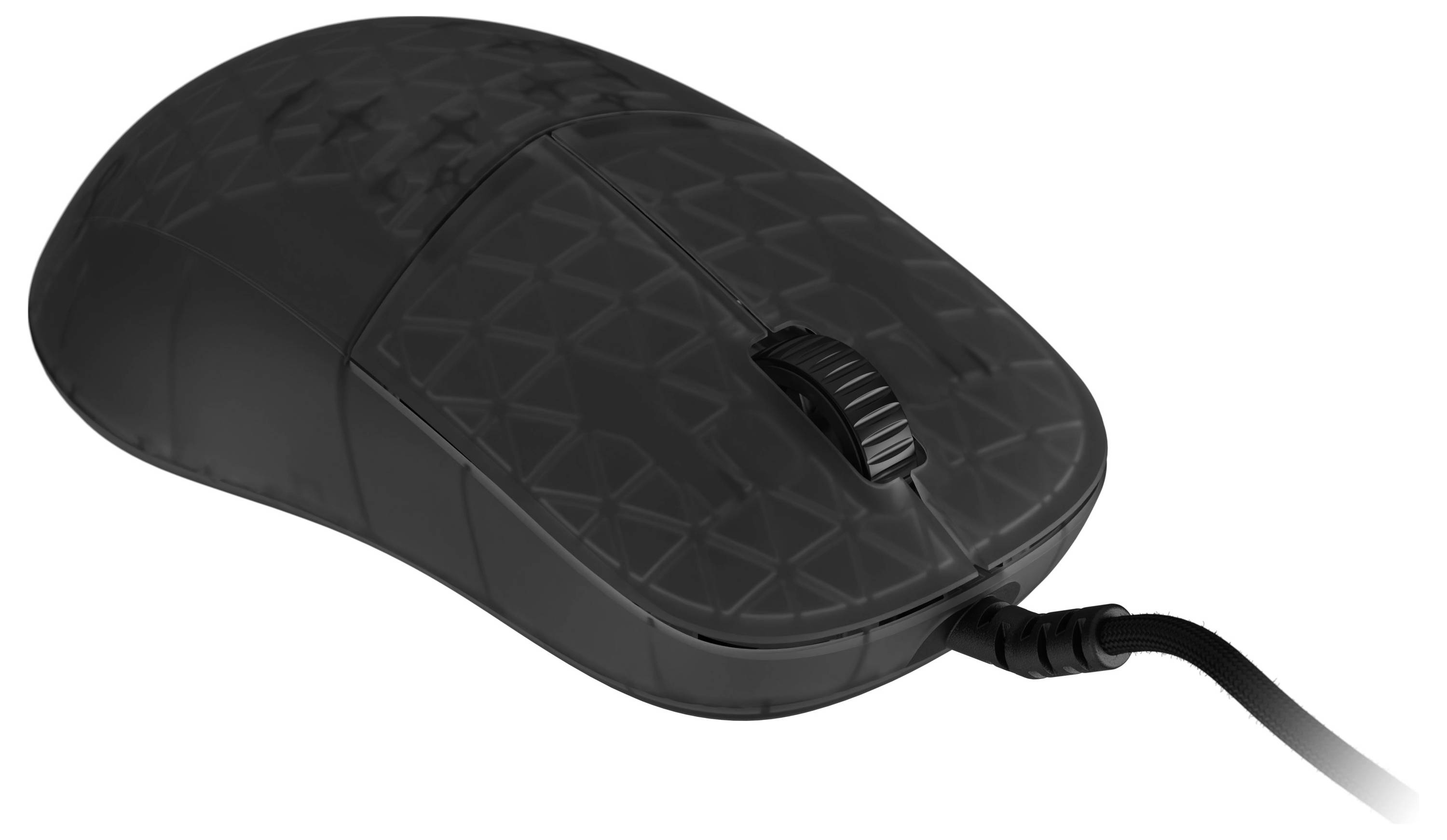 Een zwarte bedrade computermuis met een gestructureerd, geometrisch patroon op het oppervlak, gezien vanuit een schuine bovenaanzicht.