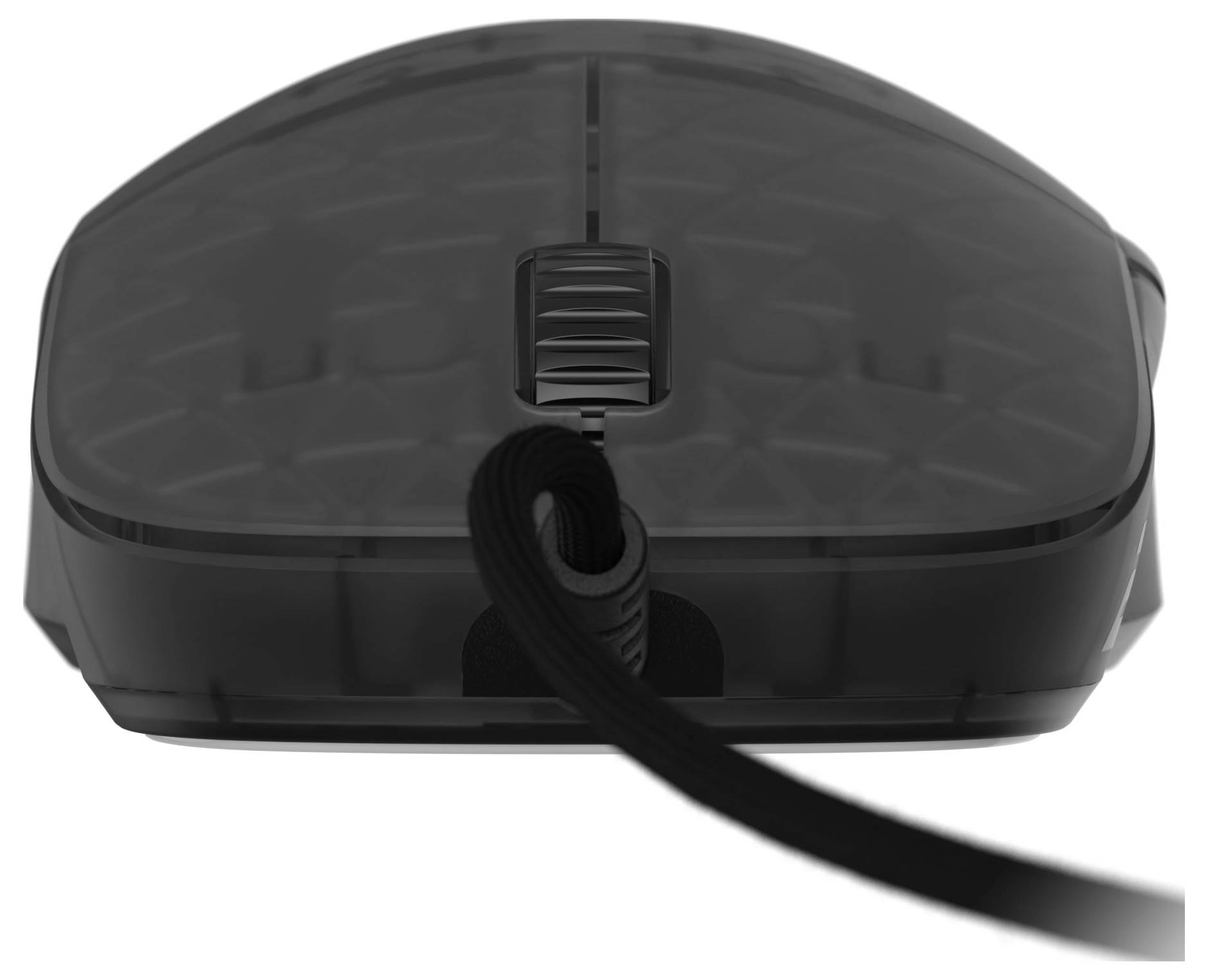 Een zwarte bedrade computermuis, vooraanzicht, met een scrollwiel en getextureerd oppervlak.