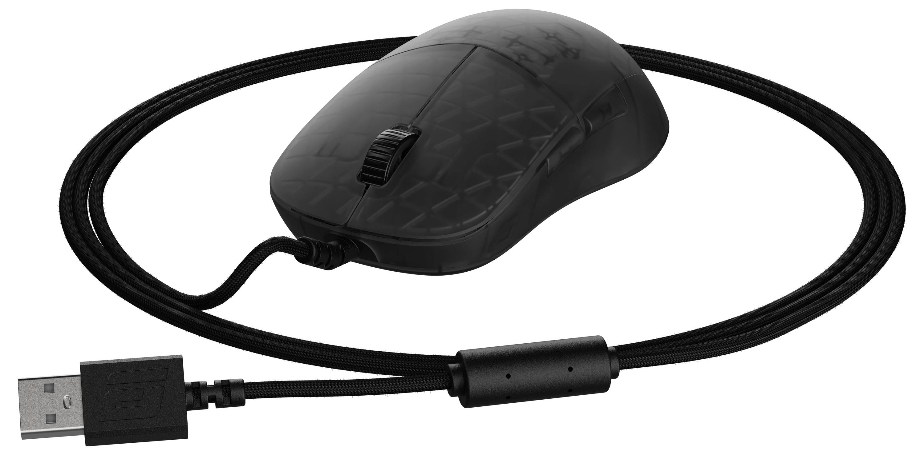 Een zwarte bedrade computermuis met een USB-aansluiting.