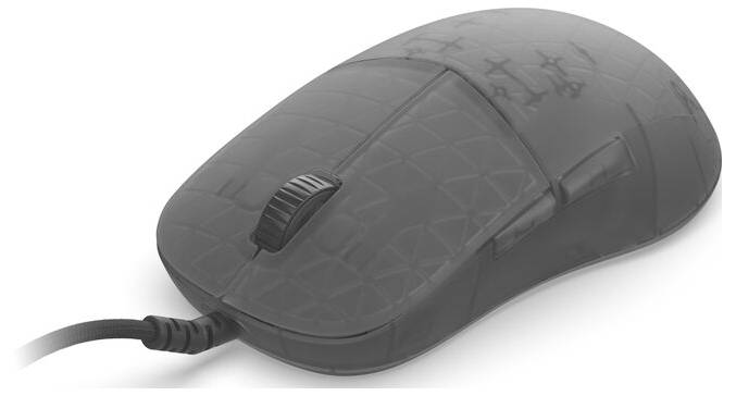 'Endgame Gear XM2Bk' bedrade gamingmuis, bovenaanzicht en onderkant. Het bovenaanzicht toont een strak zwart ontwerp; de onderkant vertoont productinformatie en sensor.