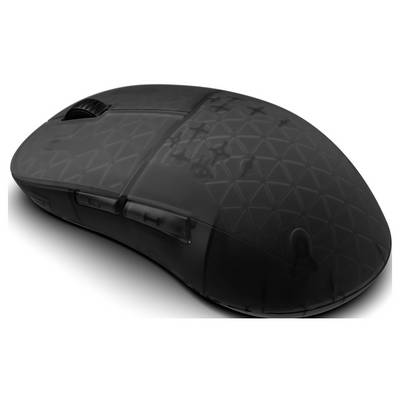 Een zwarte, ergonomische computermuis met een gestructureerd oppervlak en meerdere knoppen, inclusief een scrollwiel, ontworpen voor een verbeterde grip.