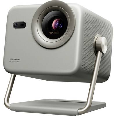 Een moderne, kubische projector met een prominente lens en een verstelbare standaard. Het apparaat is gelabeld als '4K Front Ultra Short Throw Laser.'