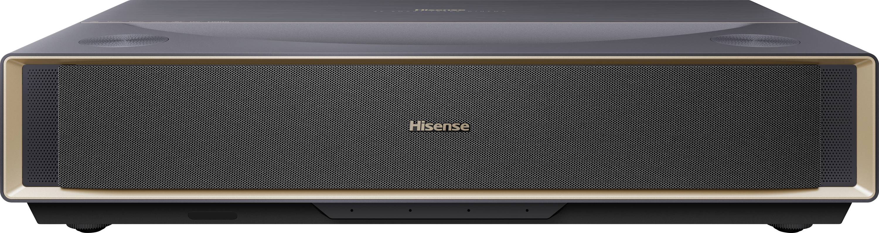 'Hisense' ultrakorte-afstandsprojector met een strak zwart en gouden design, gebruikt voor het projecteren van grote beelden vanaf een korte afstand.