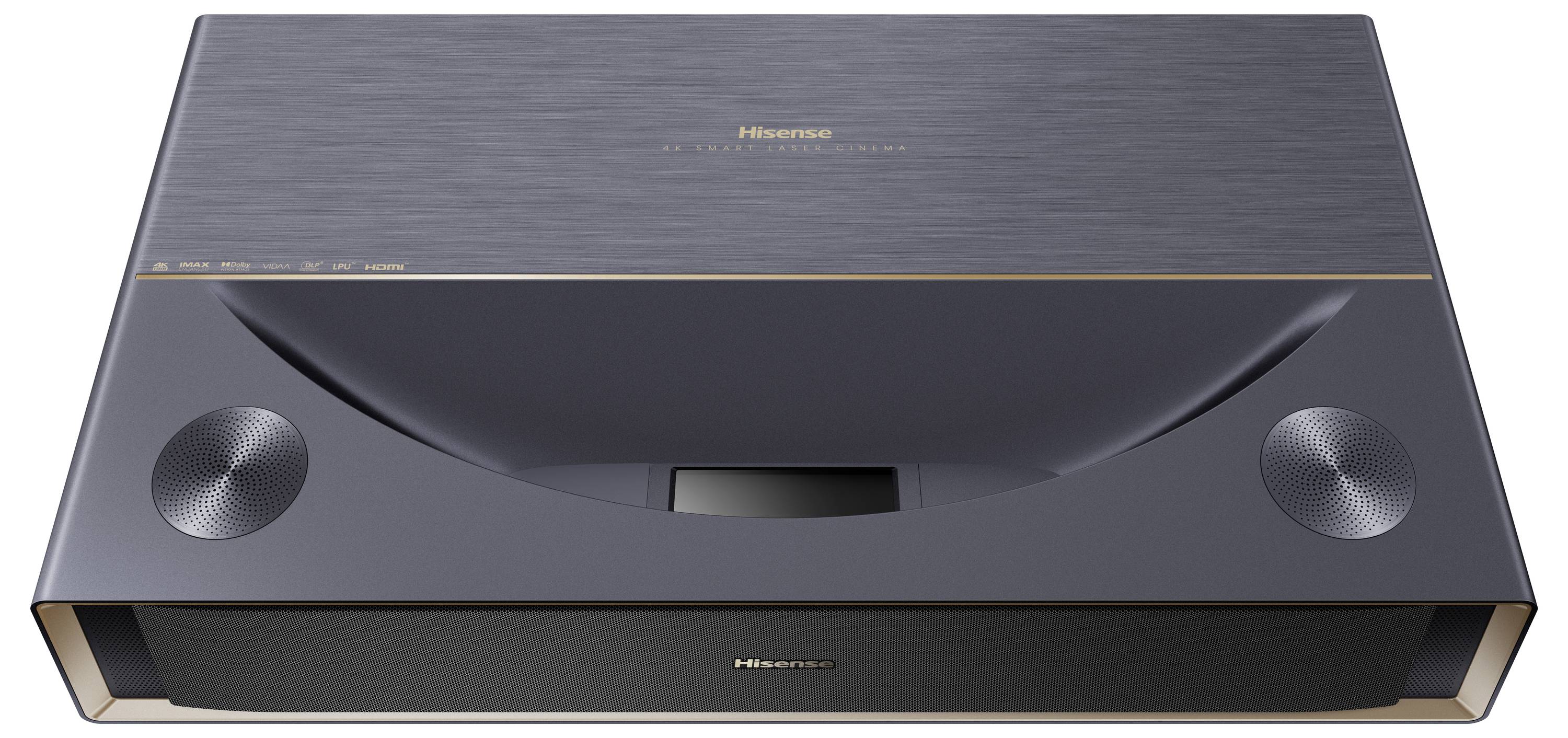 'Hisense ultra-short throw projector in een strak zwart en zilver design met ingebouwde speakers, bovenaanzicht.'