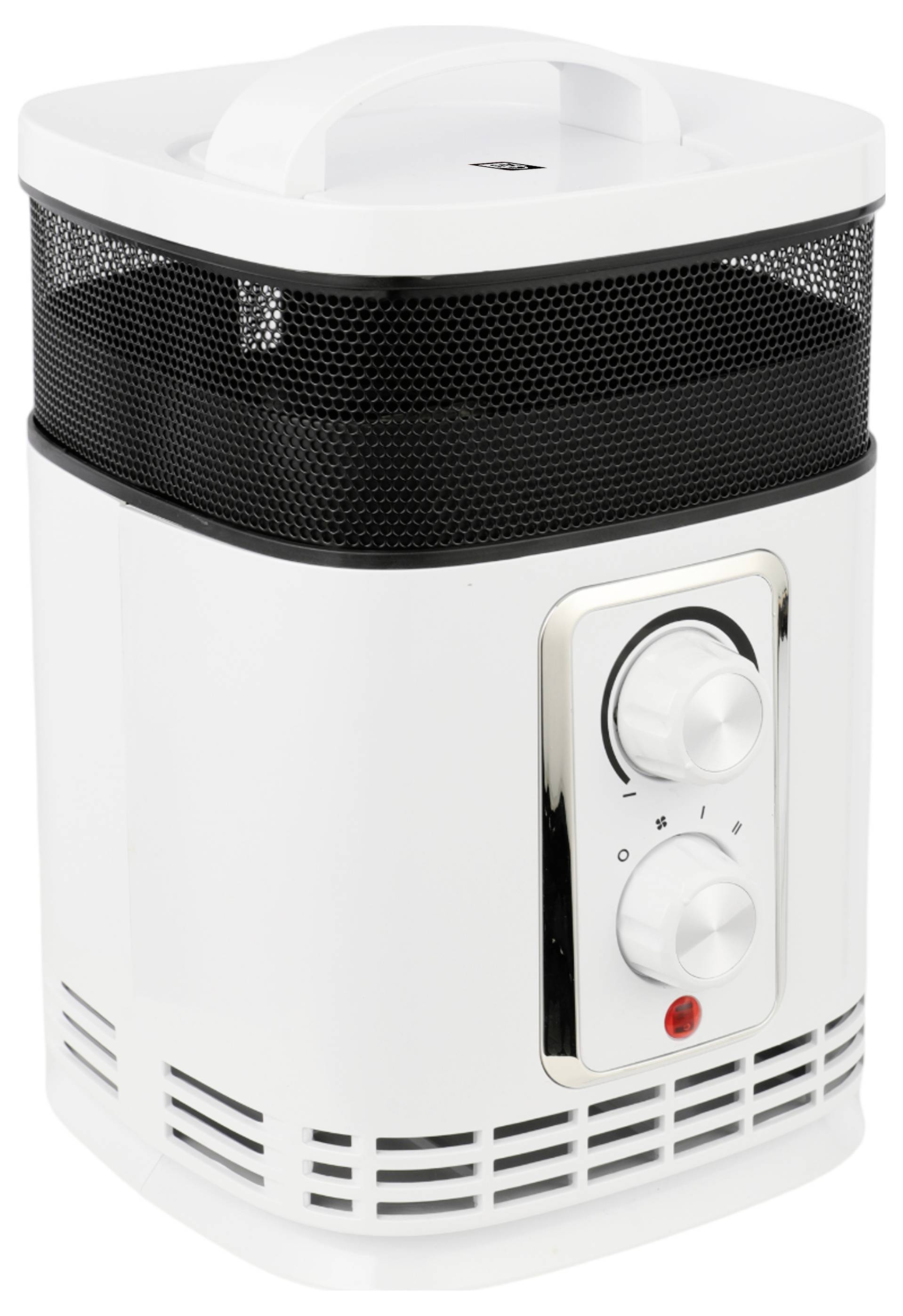 Een witte draagbare ruimteverwarmer met zwart gaas, twee regelknoppen en een rode indicatielamp. Hij heeft een handgreep aan de bovenkant voor eenvoudige verplaatsing.