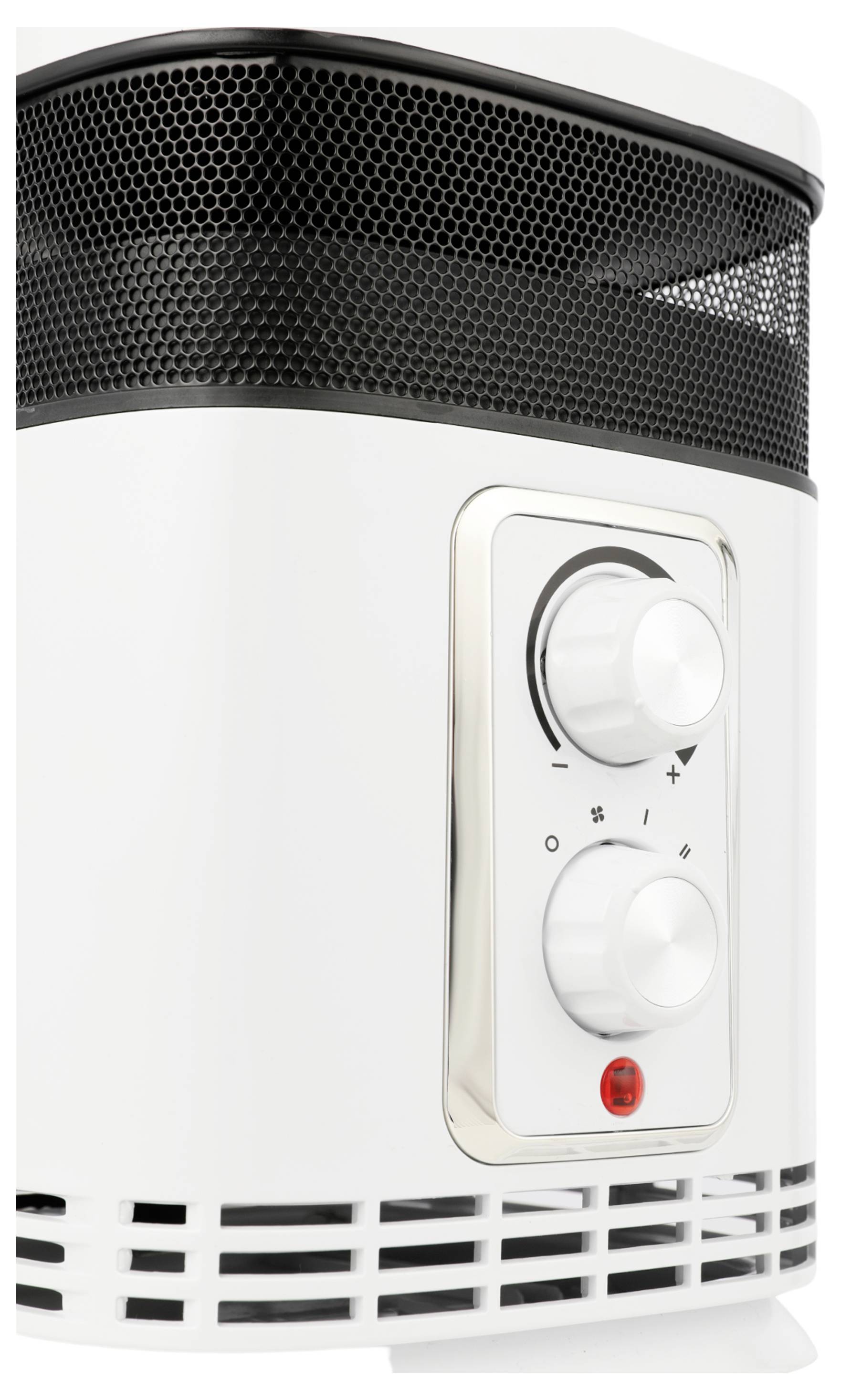 Een witte en zwarte elektrische kachel met twee draaiknoppen voor het instellen van de temperatuur en een aan/uit-schakelaar op het voorpaneel.
