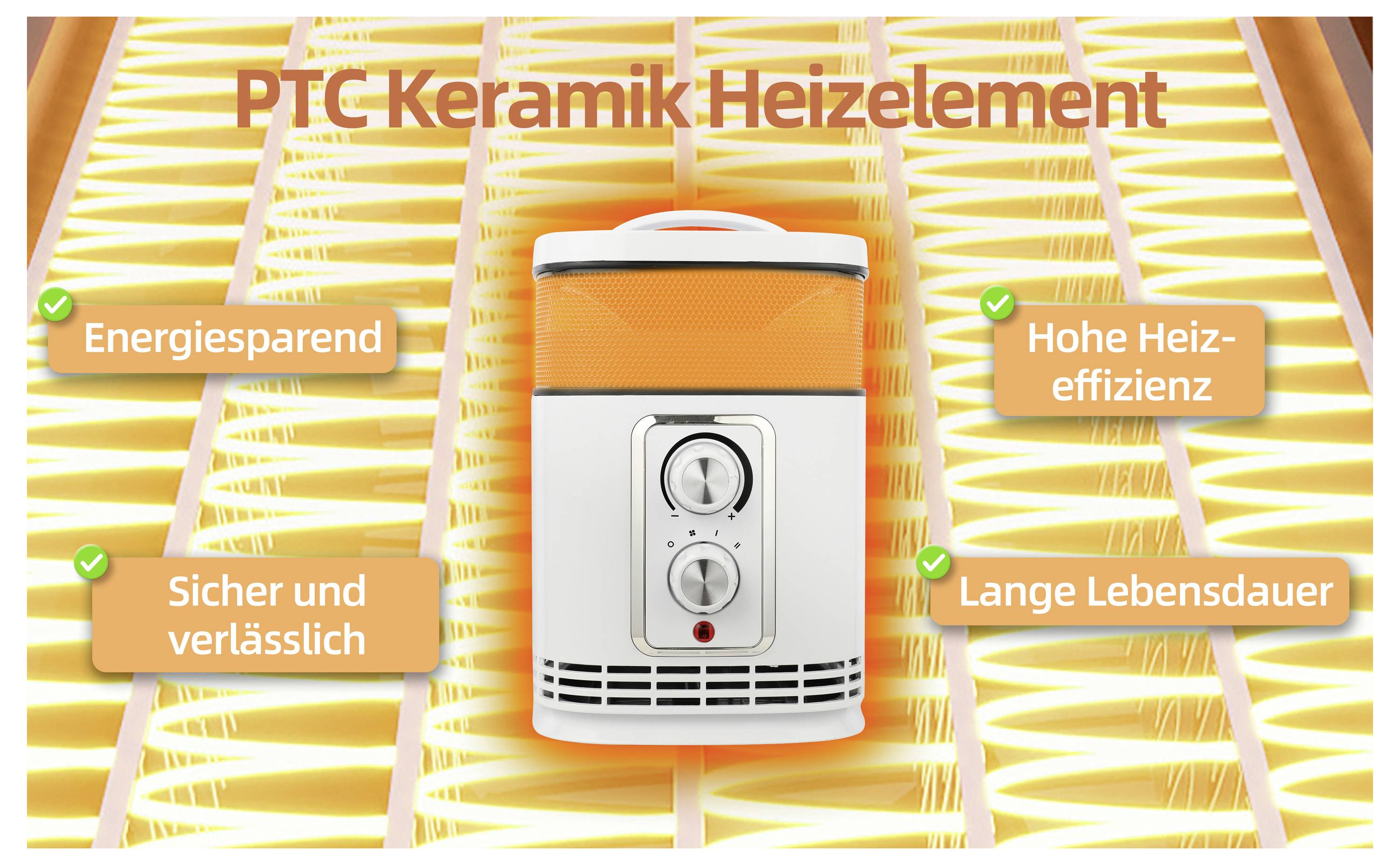 'PTC Keramiek Verwarmingselement' luchtverhitter getoond met kenmerken: 'Energiebesparend', 'Hoge verwarmingsefficiëntie', 'Veilig en betrouwbaar', 'Lange levensduur'.