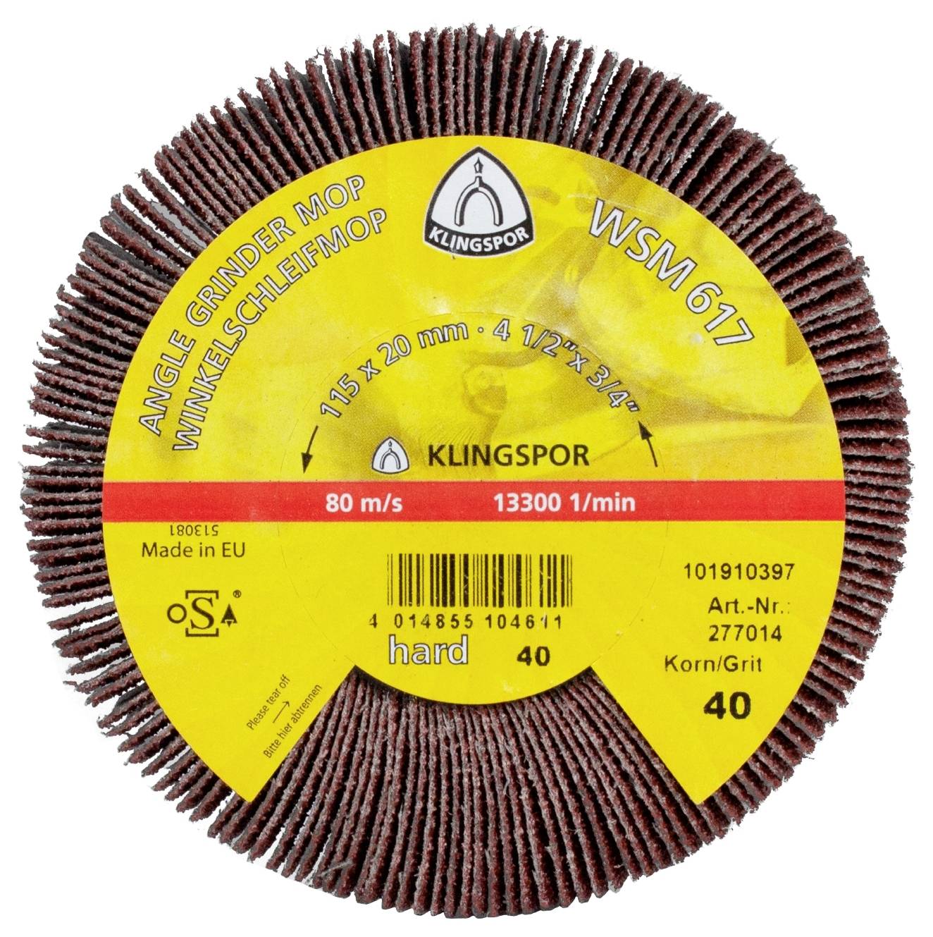 Een bruine hoekslijper mop met een formaat van 115 x 20 mm voor harde oppervlakken. Etiket vermeldt 'Klingspor WSM 617', 80 m/s, 13300 1/min, korrel 40. Gemaakt in de EU.