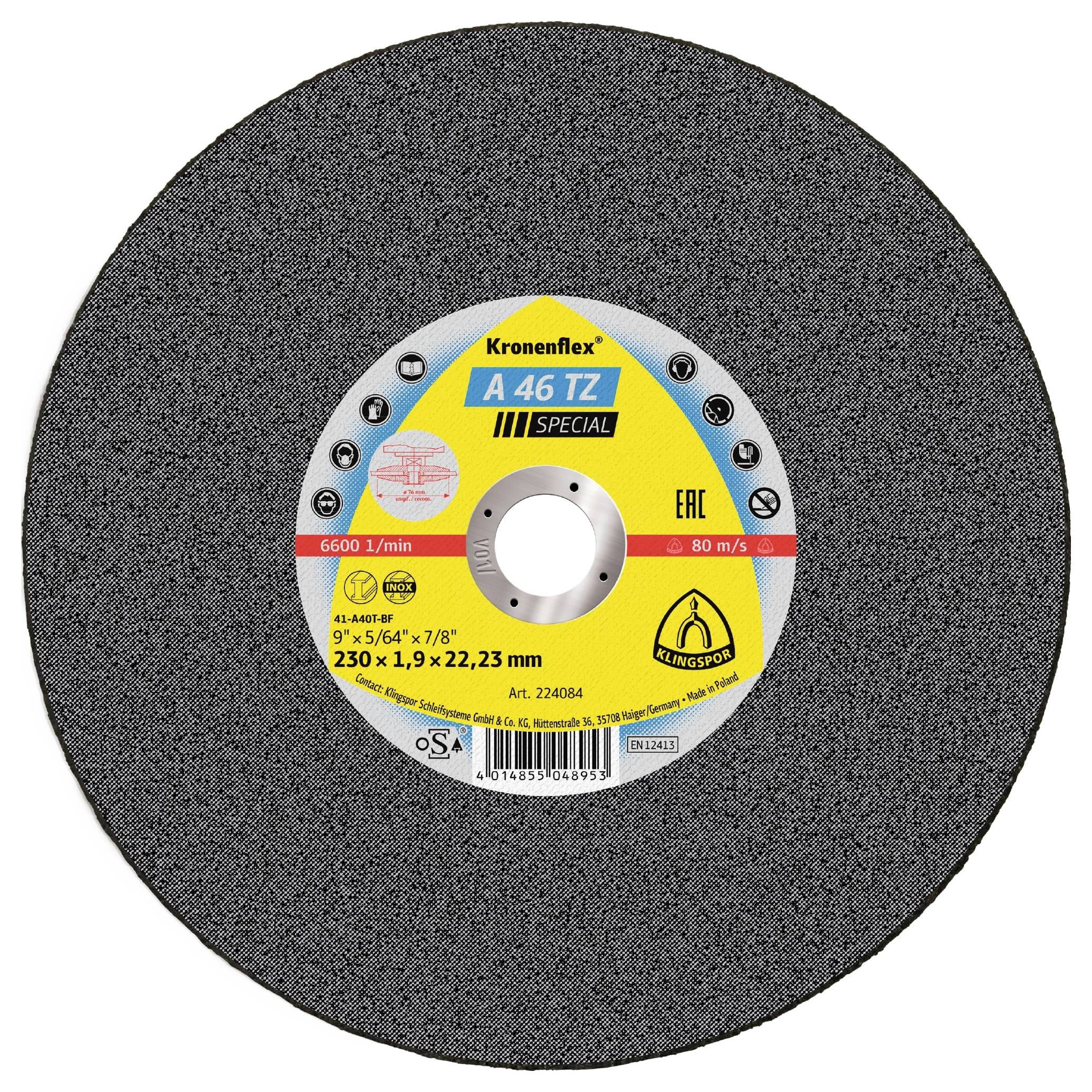 Cirkelsnijschijf gelabeld 'Kronenflex A 46 TZ Special', met specificaties zoals '230 x 1,9 x 22,23 mm' en verschillende gebruikspictogrammen.