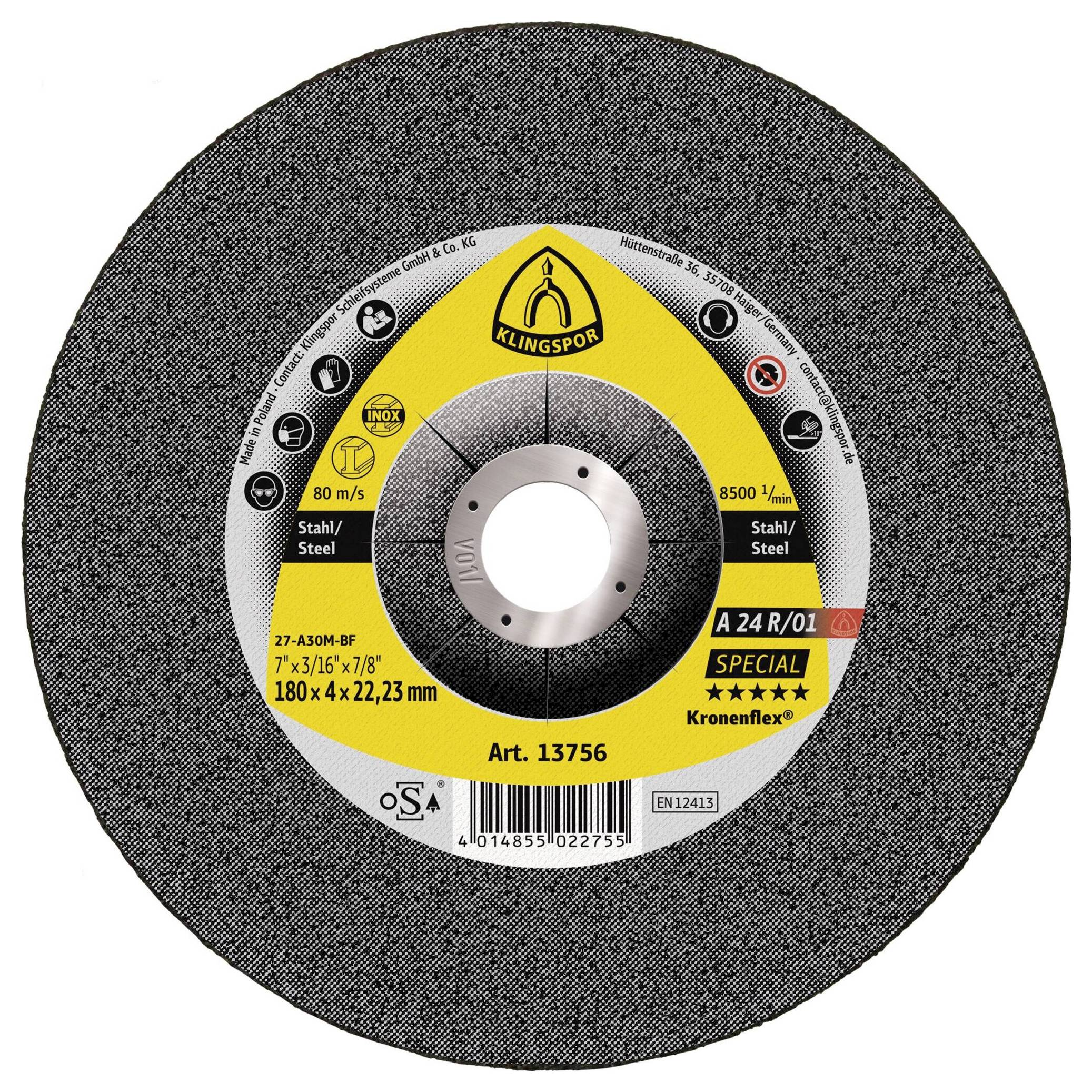 Een circulaire Klingspor doorslijpschijf met labels die aangeven dat hij geschikt is voor staal. Specificaties zijn 180x4x22,23 mm, type 27, 80 m/s, 8500 toeren per minuut.