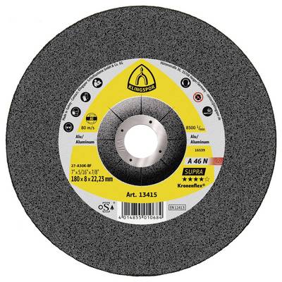 Een cirkelvormige slijpschijf voor haakse slijpers met het label 'Klingspor Supra', voorzien van specificaties voor het snijden van aluminium. Centraal gemarkeerd met 'A 46N', snelheid '80 m/s'.