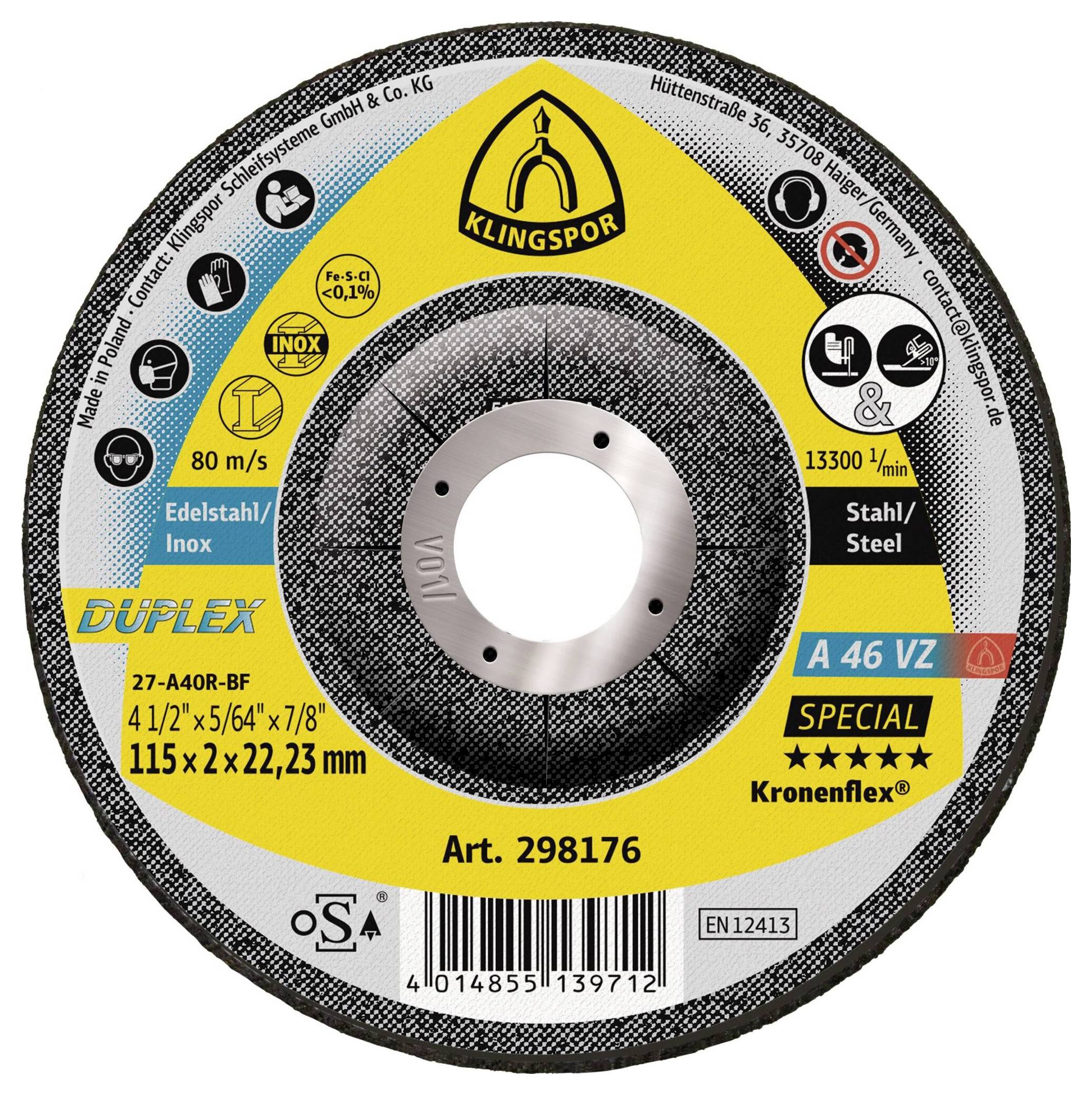 Slijpschijf voor metaal en staal, met 80 m/s snelheid, 13300 tpm, afmeting 115x2x22,23mm. Merk 'Klingspor' met certificeringen en specificaties.