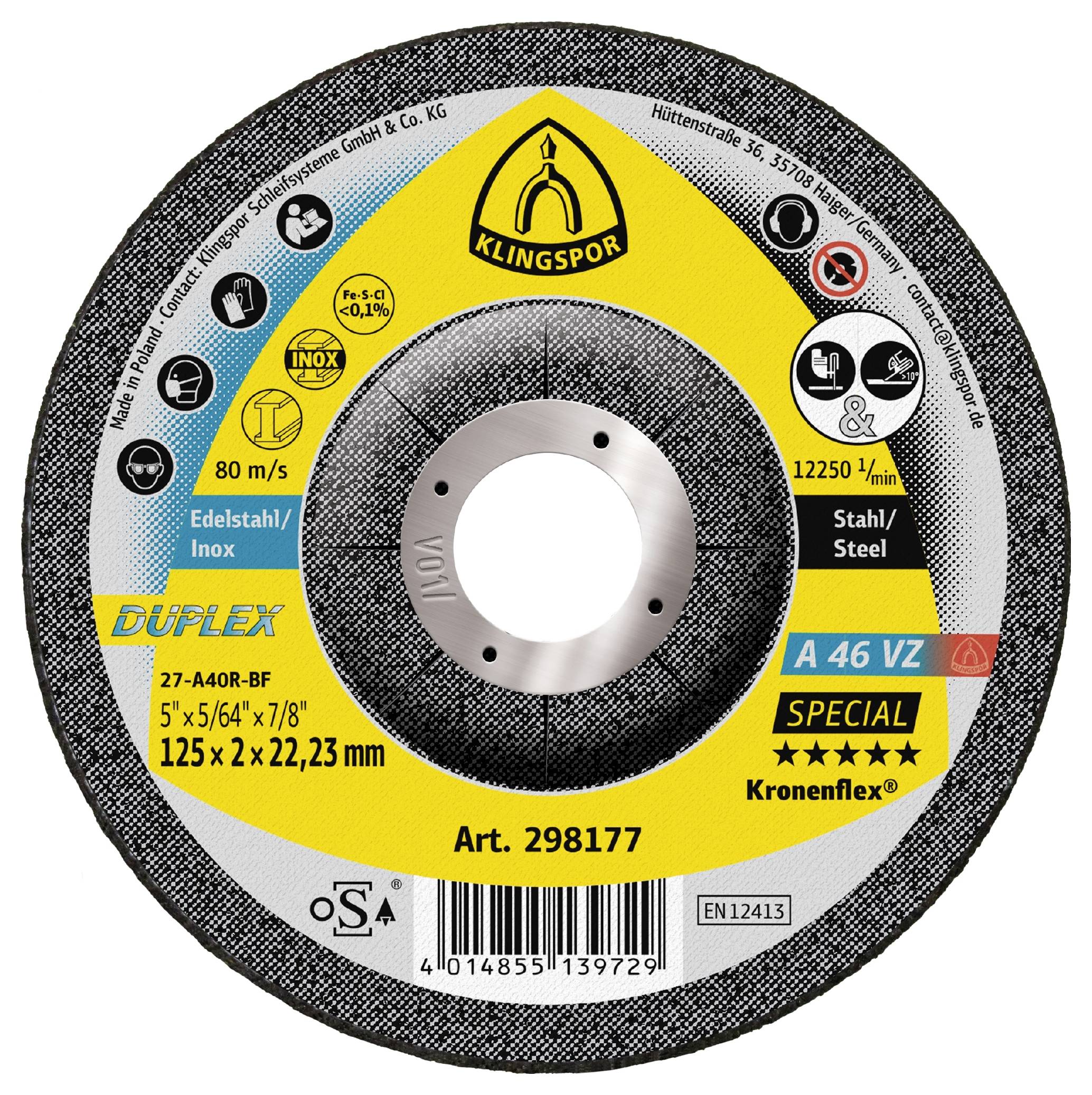 'Schuurschijf voor metaal, gelabeld 'Klingspor Kronenflex A 46 VZ Special', afmeting 125 x 2 x 22,23 mm, max 80 m/s, 12250 tpm.'