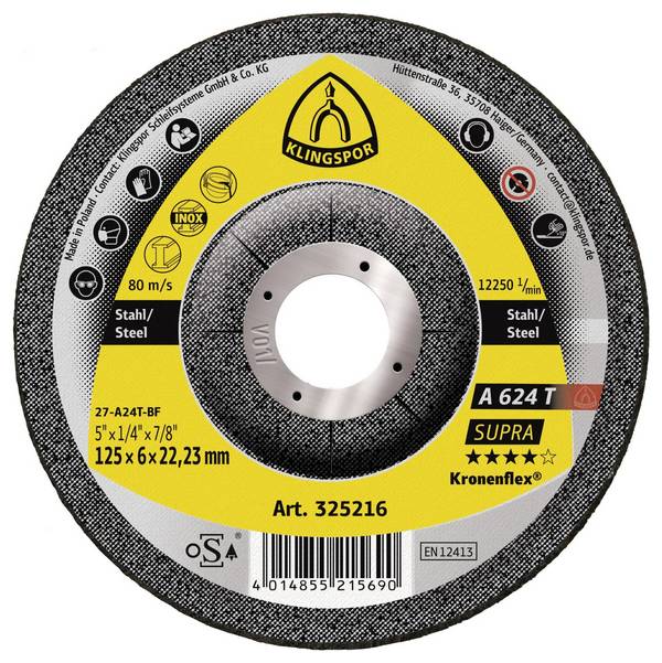 Klingspor 325216 A 624 T Supra Afbraamschijf Diameter 125 mm Boordiameter 22.23 mm Staal, RVS, Gegoten 10 stuk(s)