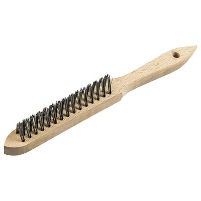 Een houten handvat draadborstels met metalen borstelharen die worden gebruikt voor reinigings- of oppervlaktevoorbereidingswerkzaamheden.