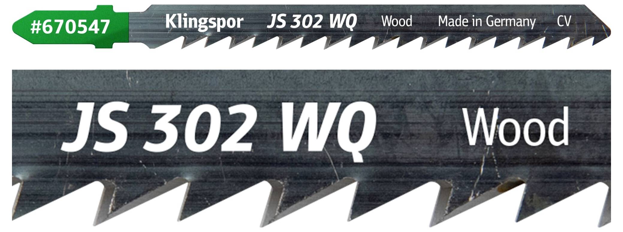 'JS 302 WQ Wood' zaagblad van Klingspor, productcode #670547, gemaakt in Duitsland, voor het zagen van hout.