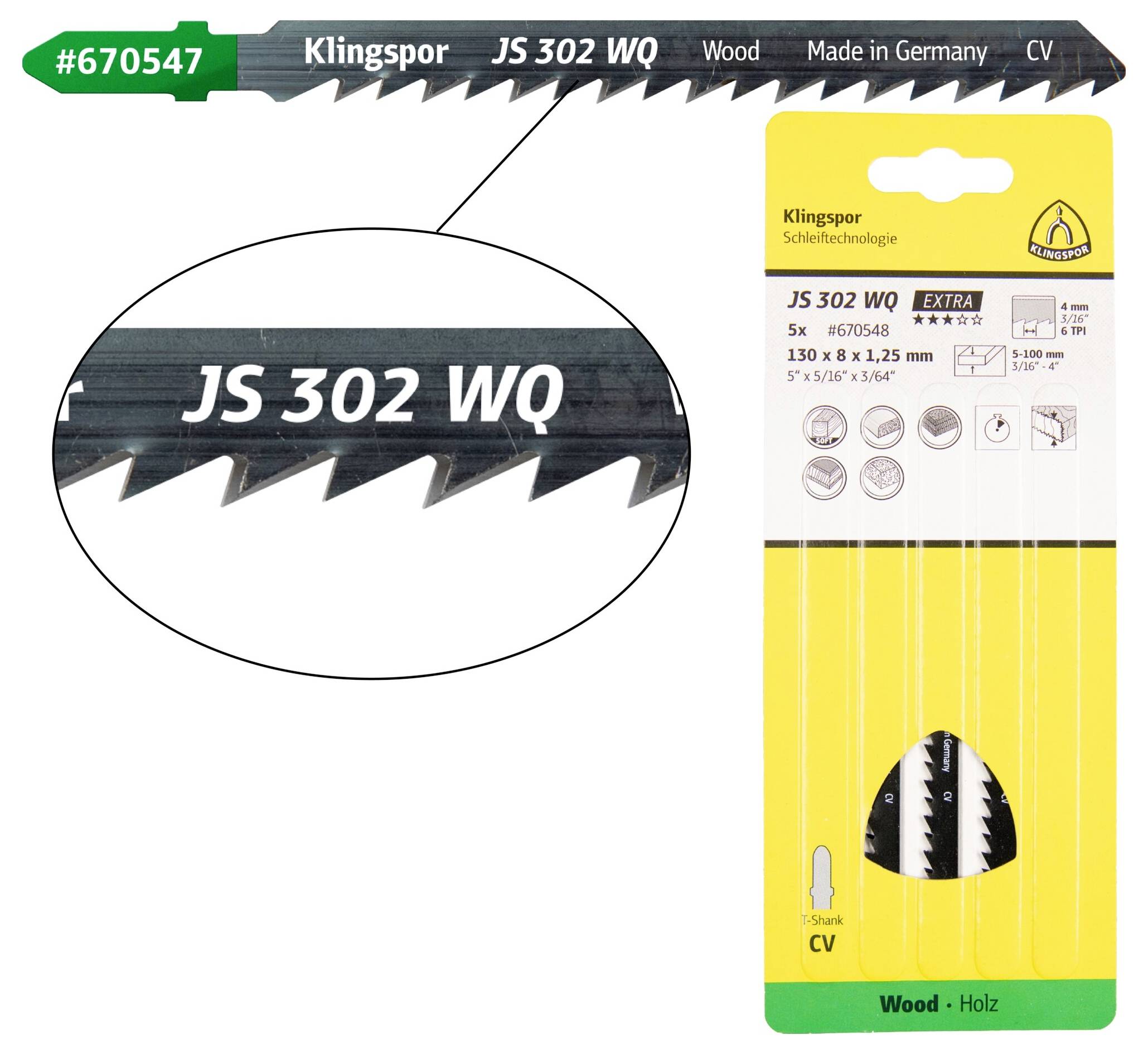 Een geel en zwart verpakking van Klingspor decoupeerzaagbladen voor hout, gelabeld 'JS 302 WQ', met 5 zaagbladen per verpakking. Gezien in een close-up van de tandendetails.