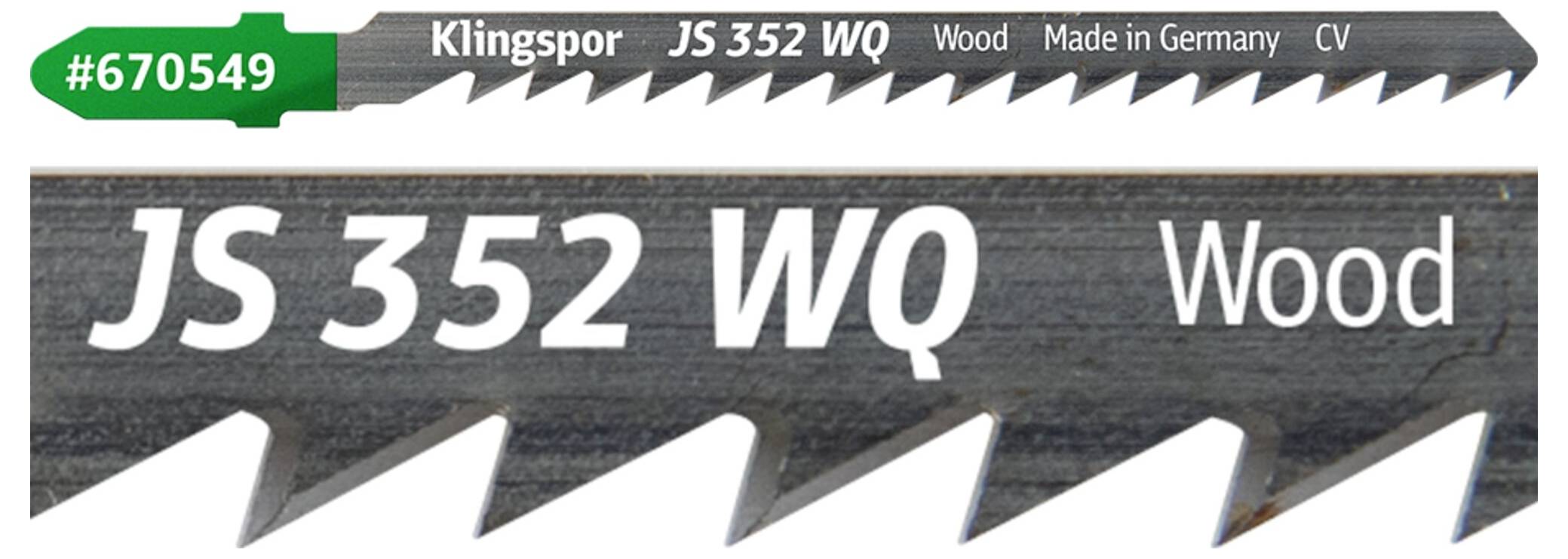 Een close-up van een Klingspor JS 352 WQ decoupeerzaagblad voor hout, met gekartelde tanden, voorzien van het label 'Made in Germany' en productnummer #670549.