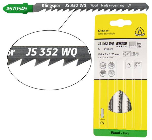 Klingspor 670549 JS 352 WQ decoupeerzaagbladen, 100 x 8 x 1,25 mm werklengte 75 Cromvanadium, kruisgeslepen, gezet, 6 tanden per inch, SB-verpakt in doos 5 stuk(s)