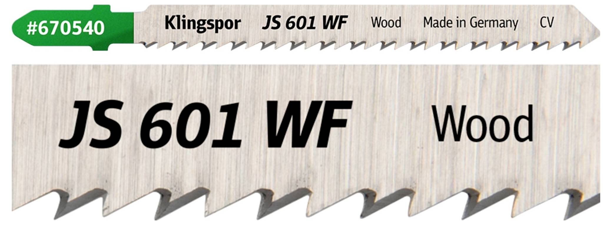 Een decoupeerzaagblad gelabeld 'JS 601 WF' voor houtbewerking. Kenmerken zijn '#670540', 'Klingspor', 'Gemaakt in Duitsland' en 'CV'.