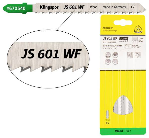 Klingspor 670540 JS 601 WF decoupeerzaagbladen, 100 x 8 x 1,45 mm werklengte 75 Cromvanadium, kruisgeslepen, conisch, 10 tanden per inch, SB-verpakt in doos 5 stuk(s)
