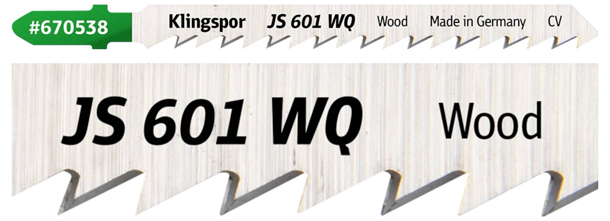Zaagblad gelabeld als '#670538 Klingspor JS 601 WQ Wood Made in Germany CV', ontworpen voor het zagen van hout.