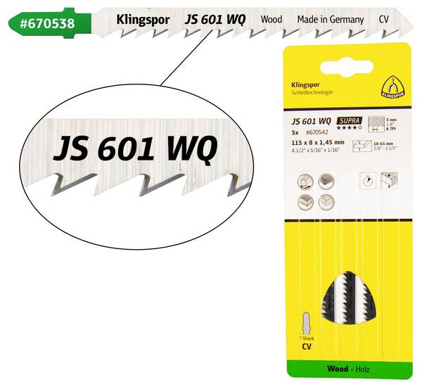 Klingspor 669581 JS 601 WQ decoupeerzaagbladen, 115 x 8 x 1,45 mm werklengte 95 Cromvanadium, kruisgeslepen, conisch, 6 tanden per inch, SB-verpakt in doos 5 stuk(s)
