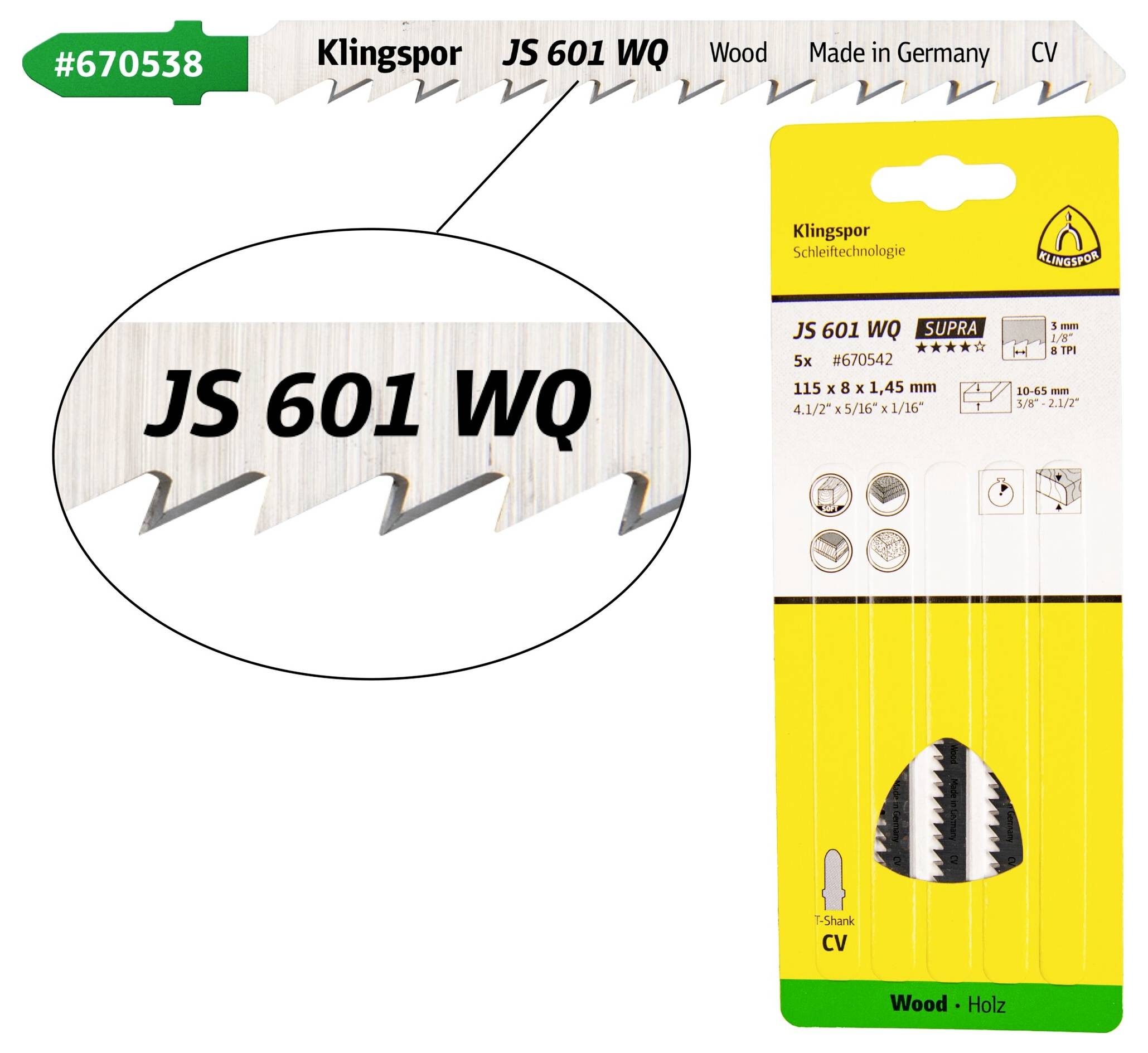 Klingspor 670542 JS 601 WQ decoupeerzaagbladen, 115 x 8 x 1,45 mm werklengte 90Crom-vanadium, kruisgeslepen, conisch, 8 -0