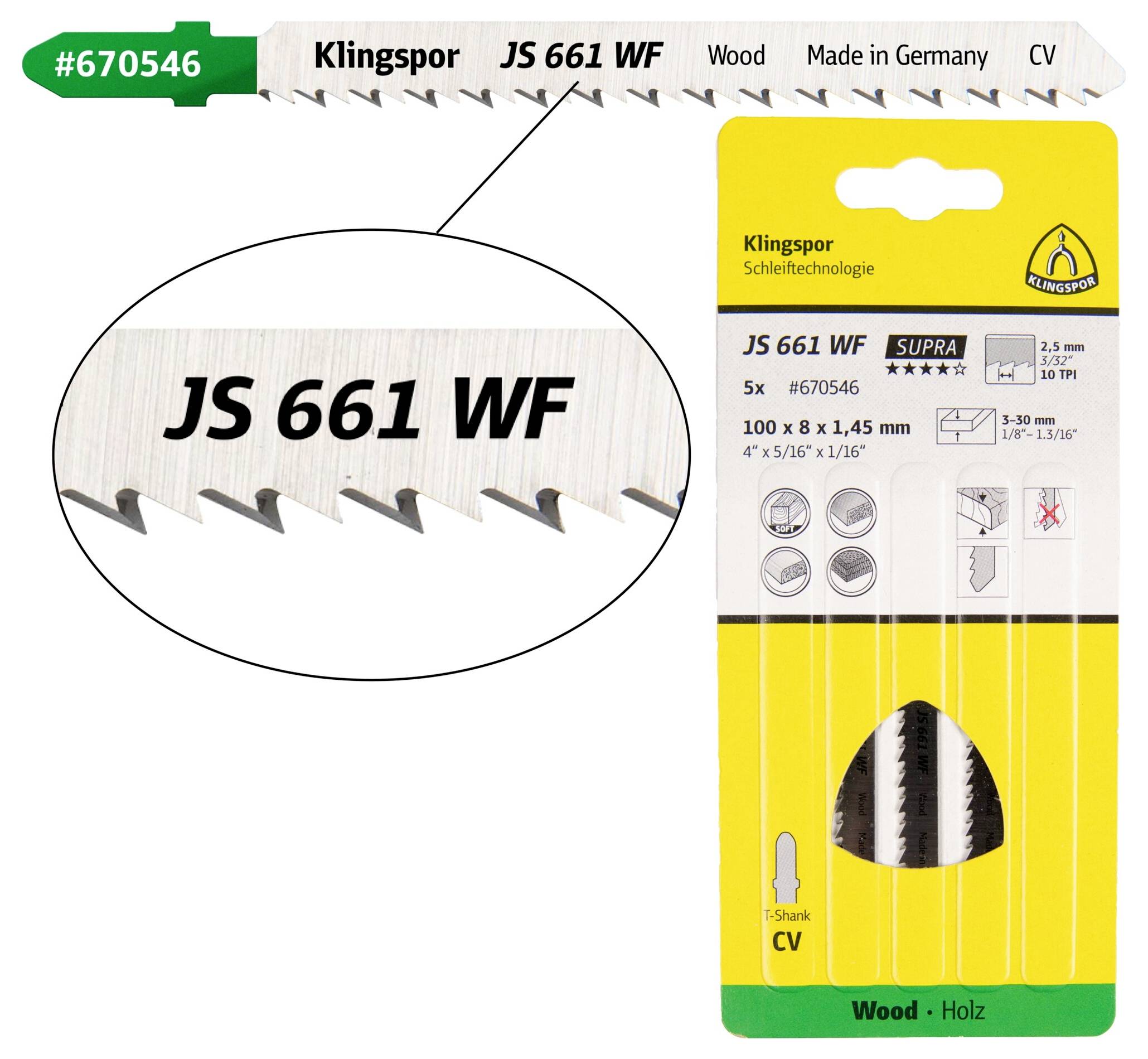 Klingspor 670546 JS 661 WF decoupeerzaagbladen, 100 x 8 x 1,45 mm werklengte 75 Cromvanadium, kruisgeslepen, conisch, 10-0