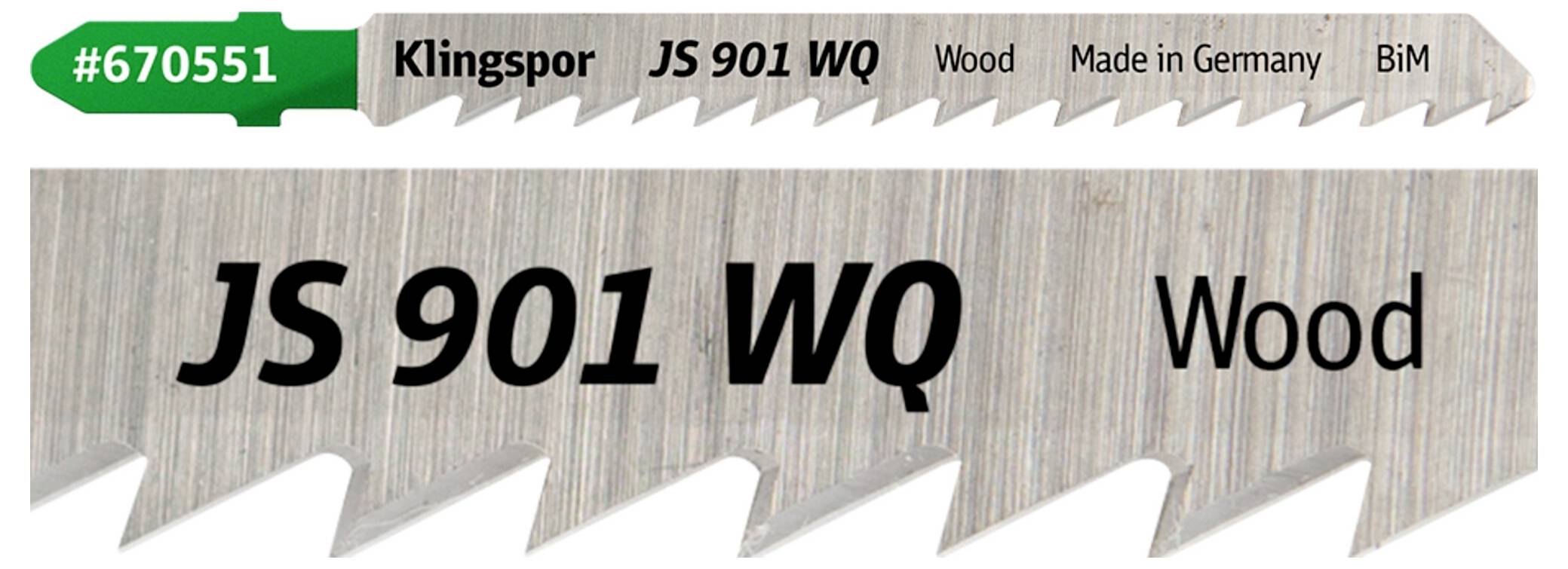 'Zaagblad gelabeld #670551, Klingspor, JS 901 WQ, ontworpen voor hout, gemaakt in Duitsland, BiM-type.'